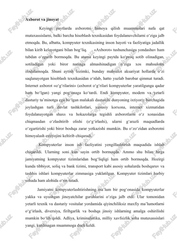 a qiyinchiliksiz maxfiy ma’lumotlarni o‘g‘irlash, diversiya, firibgarlik va boshqa jinoiy ishlarning amalga oshirilishi mumkin bo‘lib qoldi. adliya, kriminalistika, milliy xavfsizlik soha mutaxassislari yangi, kutilmagan muammoga duch keldi. 1971yilda aqshning «nyuyork penni sentral reylroud» temir yo‘l kompaniyasi qimmatbaho yuk ortilgan 200 ta vagoni yo‘qolganini payqab qoldi. bu ishni tekshirish jarayonida bir qancha boshqa firmalarning ham vagonlari yo‘qolgani aniqlandi. sinchkovlik bilan olib borilgan tekshirish vagonlar yo‘qolishining sababi kompyuterga atayin noto‘g‘ri manzil kiritilganida ekanini ko‘rsatdi. bu rasmiy qayd etilgan birinchi «elektron jinoyat» edi. hozirgi kunga kelib kompyuterlar ham, aloqa tizimlari ham beqiyos darajada rivojlanib ketdi. bu esa, o‘z navbatida, «elektron jinoyatchilar»ga ham yangi imkoniyatlar ochib berdi. axborot bilan ishlashda axloqiy va huquqiy me’yorlar lotin tilidagi media (medium) so‘zi o‘zbek tilida vosita, vositachi, muhit ma’nolarini bersa ham, hozirgi kunda bu so‘z ingliz tilidagi mazmuniga mos radio, televideniye, mobil telefon va internet vositalarini o‘z ichiga oluvchi «ommaviy axborot vositalari» kabi tushunilmoqda. ma’lumki, ushbu vositalar orqali …