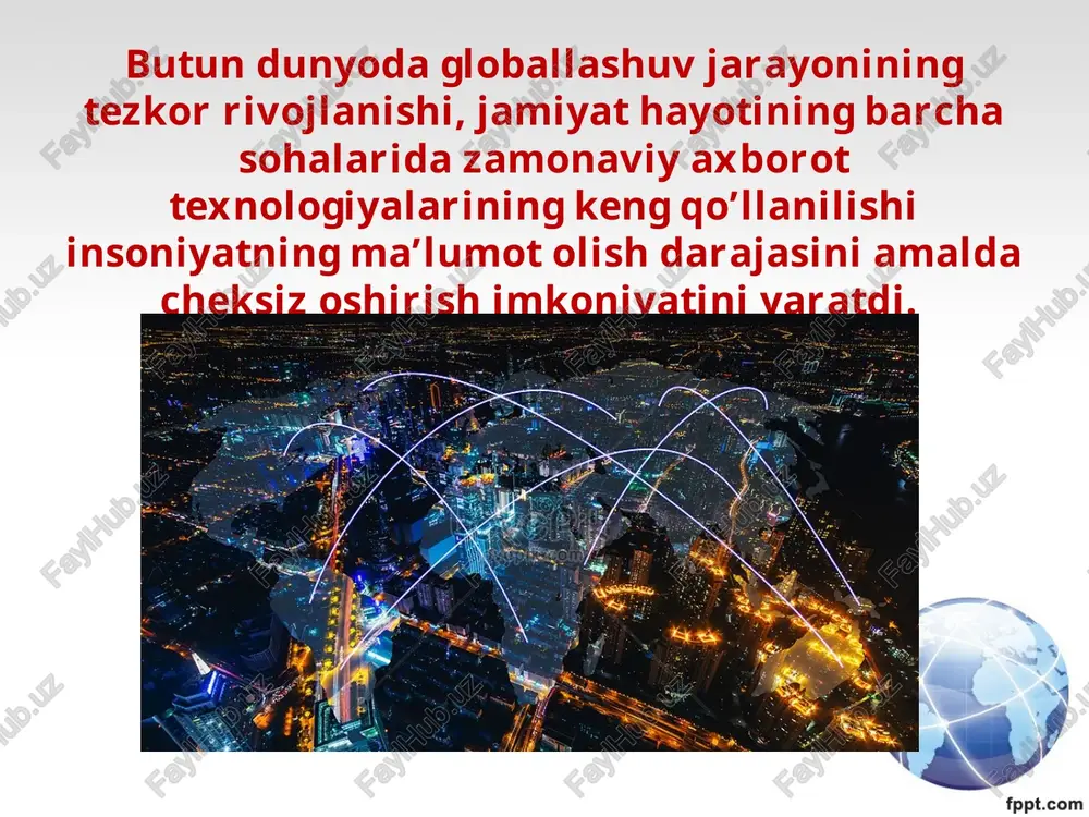 rik muammoni hal etishga yo‘naltirilgan tajribalar natijasi bo'lsa, ushbu tajovuzdan kelayotgan zarar keskin oshib ketishi mumkin. simli va simsiz aloqa tizimlari ldentifikatsiya — foydalanuvchini tizimga o‘zini tanitish jarayoni bo’llib, unda mijozning maxsus shaxsiy kartalaridan yoki uning biometrik xususiyatlaridan foydalaniladi. axborot xavfsizligini ta’minlash uchun shaxsning, masalan, barmoq izi, ovoz tahlili, ko‘z qorachig‘i, yuz tuzilishi va boshqa biometrik belgilaridan foydalaniladi. axborot xavfsizligi quyidagi bosqichlami o‘z ichiga oladi: • himoyalash zarur bo‘lgan axborot va texnik resurslarni aniqlash; • axborotlarga tahdidlar va maxfiylikni buzish mumkin bo‘lgan tuynuklarning to‘la to‘plamini belgilash; • axborot xavfsizligining zaifligi va xatarlarning darajasini baholash; • muhofaza tizimiga qo‘yilgan talablarni aniqlashtirish; muhofazalashtirish tizimining yaxlitligi va boshqarilishini nazoratga olish savol va topshiriqlar: 1. axborot xavfsizligi deganda nimani tushinasiz? 2. axborot xavfsizligiga tahdidlaming qanday turlari mavjud? 3. foydalanuvehini identifikatsiyalash usullarini tushuntirib bering. g *, ri . 3 t.co! fpp' m 5 olen q@ah *