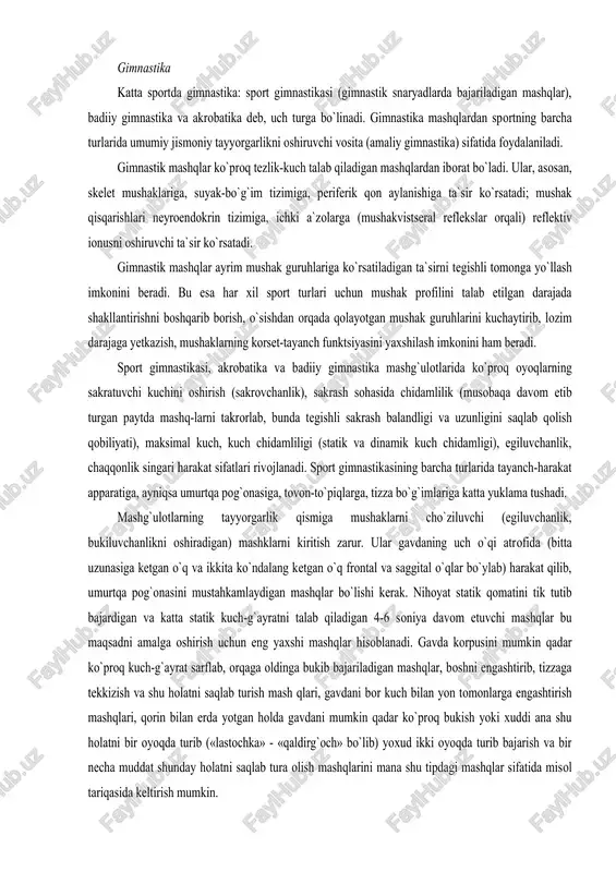 ida (bitta uzunasiga ketgan o`q va ikkita ko`ndalang ketgan o`q frontal va saggital o`qlar bo`ylab) harakat qilib, umurtqa pog`onasini mustahkamlaydigan mashqlar bo`lishi kerak. nihoyat statik qomatini tik tutib bajardigan va katta statik kuch-g`ayratni talab qiladigan 4-6 soniya davom etuvchi mashqlar bu maqsadni amalga oshirish uchun eng yaxshi mashqlar hisoblanadi. gavda korpusini mumkin qadar ko`proq kuch-g`ayrat sarflab, orqaga oldinga bukib bajariladigan mashqlar, boshni engashtirib, tizzaga tekkizish va shu holatni saqlab turish mash qlari, gavdani bor kuch bilan yon tomonlarga engashtirish mashqlari, qorin bilan erda yotgan holda gavdani mumkin qadar ko`proq bukish yoki xuddi ana shu holatni bir oyoqda turib («lastochka» - «qaldirg`och» bo`lib) yoxud ikki oyoqda turib bajarish va bir necha muddat shunday holatni saqlab tura olish mashqlarini mana shu tipdagi mashqlar sifatida misol tariqasida keltirish mumkin. bo`g`imlar uchun, ayniqsa, elka, tirsak, tosbel, tizza-tovon bo`g`imlari uchun mo`ljallangan, mushaklarni cho`zishga qaratilgan mashqlarni, albatta kiritish lozim. bular ijro etilayotganda, masalan, oyoq tovonlarini ko`tarib, …