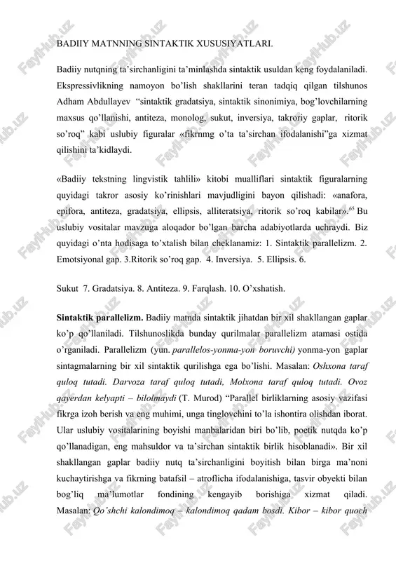a’noni kuchaytirishga va fikrning batafsil – atroflicha ifodalanishiga, tasvir obyekti bilan bog’liq ma’lumotlar fondining kengayib borishiga xizmat qiladi. masalan: qo’shchi kalondimoq – kalondimoq qadam bosdi. kibor – kibor quoch otdi. kerma qosh – kerma qosh boqdi.(t.murod) bu misolda qahramonning uch xil harakati bir xil shakllangan gaplarda ifodalangan, ya’ni, qadam bosmoq – quloch otmoq-boqmoq. quyidagi misolda esa bir harakat bilan ma’lumotlar fondi parallel gaplarda kengayib boradi: tom bosh adog’ilab qadamladi. vazmin – vazmin qadamladi. olislarga dono – dono boqib qadamladi. yoki: qo’shchi qo’llari ketida tag’in qadam oldi. mag’ribga boqib qadam oldi. mashriqqa boqib qadam oldi.(t.murod) emotsional gaplar. so’zlovchining o’ta xursandlik yoki o’ta xafalik holatlarini yoki qahramonning his-hayajonini, voqea-hodisaga emotsional munosabatini ifodalovchi gaplar emotsiyonal gaplar hisoblanadi. emotsional gaplar tarkibida maxsus ijobiy va salbiy bo’yoqdor so’zlar (chehra, o’ktam, tabassum / turq, qo’pol, tirjaymoq kabi) mavjud bo’ladi. o’sha so’zlar orqali qahramon ruhiyatida kechayotgan sevinish, qo’rquv, g’azab kabi psixologik jarayonlarni hamda yozuvchining tasvir obyektiga nisbatan …