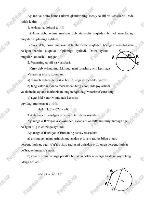 . r radiusli aylana uzunligi: l = 2(r; r radiusli doira yuzi: s = (r2; r radiusli aylananing ( markaziy burchagiga mos keluvchi yoy uzunligi: ℓ = r ( ( (( - markaziy burchakni radian o`lchovi); ℓ = (n0 – markaziy burchakni radius o`lchovi); r radiusli doirani ( markaziy burchagiga mos keluvchi doira sektori yuzi: ssek = = ; ssek= . r radiusli doirani ( yoyiga mos keluvchi segment yuzi: scegm = (( - yoyning radian o`lchovi) ssegm = (n0 – yoyning gradus o`lchovi) 6. aylanaga o`tkazilgan burchaklar: a) markaziy burchak o`zi aniqlagan yoy bilan o`lchanadi: < aob = b) kesishuvchi vatarlar orasidagi burchak, ularga tiralgan yoylar yig`indisini yarmiga teng (1); v) uchi aylanada yotuvchi burchak o`zi aniqlagan yoyni yarmiga teng (2), < amd = ( + ). (1) < abc= embed equation.3 (2) g) urinma va vatar orasidagi burchak tomonlari hosil qilgan yoy yarmi bilan o`lchanadi. <abc = embed …