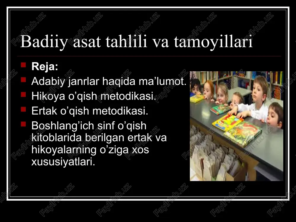 qish darsida o’quvchilar ma’nosini tushunmaydigan so’z va iboralar ma’nosini tushuntirish ham muhim, aks holda, ular hikoya mazmunini tushuna olmaydilar. so’z ma’nosini tushuntirishga ko’p vaqt sarflamay, asar mazmunini tushunishda eng zarur bo’lgan so’zni qisqa izoh berish bilan tushuntiriladi.(“o’quvchilar nutqini o’stirish metodikasi” bo’limiga qarang). hikoyani o’qishda hikoya mazmunini tahlil qilish va shu asosda o’quvchilar nutqini o’stirish markaziy o’rin egallaydi. hikoya o’qilgach, o’quvchilar o’ylashi, o’z mulohazalarini aytishi uchun tayyorlanishga vaqt berish talab etiladi. o’qilgan asar yuzasidan beriladigan dastlabki savollardan maqsad hikoya bolalarga yoqqan-yoqmagani, undagi qaysi qaxramonning xarakteri bolaga ta’sir etgani, bolalar kim yoki nima haqida hikoya qilib berishni istashini bilishdan iborat. shundan keyingina hikoya xarakterini tushunishga, nihoyat, asarning asosiy g’oyasini bilib olishga yordam beradigan savollardan foydalaniladi. badiiy asarni tahlil qilish badiiy asarni tahlil qilishda syujetni to’liq tushuntirishga berilib ketib, qatnashuvchilarga xarakteristika, asar qurilishi va tilini tahlil qilish kabi ish turlari e’tibordan chetda qolmasligi lozim. savollarni, odatda, o’qituvchi beradi, ammo asar mazmuni, qatnashuvchi shaxslarning …