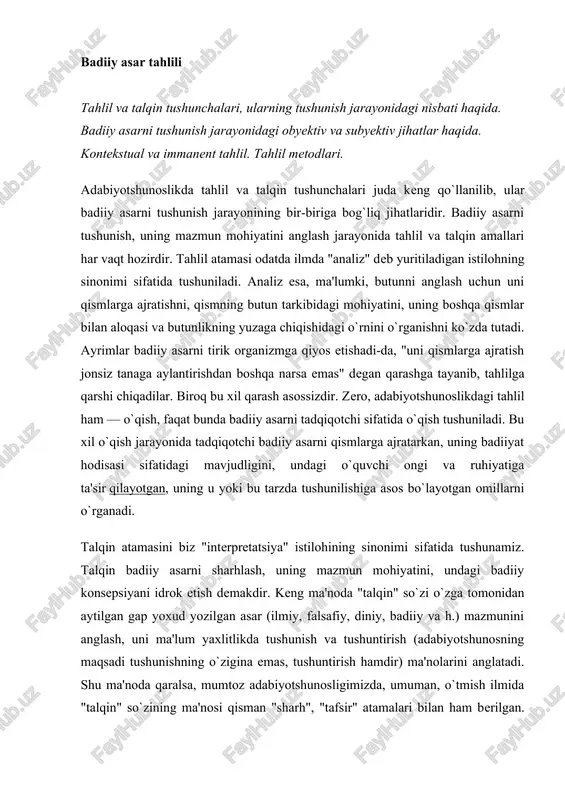 arini anglatadi. shu ma'noda qaralsa, mumtoz adabiyotshunosligimizda, umuman, o`tmish ilmida "talqin" so`zining ma'nosi qisman "sharh", "tafsir" atamalari bilan ham berilgan. yana ham aniqroq aytsak, talqin badiiy asardagi "obrazlar tili"ni "mantiq tili"ga o`girmoq, obrazlar vositasida ifodalangan mazmunni tushunish va tushuntirmoqdir. yuqorida aytdikki, badiiy asarni tushunish jarayonida tahlil va talqin amallari har vaqt hozir, ular tushunish jarayonining ikki qirrasidir. aytaylik, "o`quvchi badiiy asarni tushundi" degani, mohiyatan, "o`quvchi asarni o`zicha talqin qildi" deganidir. ayni paytda, uning asarni tushunishida tahlil unsurlari ham mavjud, zero, oddiy o`quvchi ham tushunish jarayonida asar qismlarini (mas., alohida epizodlarni, personajlarni, ularning turli holatlardagi xatti-harakati, gap-so`zlarini va h.), ularning o`zaro mazmuniy aloqalarini tasavvur qiladi. ilgari ham aytganimizdek, konkret badiiy asar turli o`quvchilar tomonidan turlicha tushunilishi mumkin. biroq shunisi ham aniqki, o`quvchilar ongidagi minglab talqinlarni umumlashtiradigan mushtarak nuqtalar ham mavjud. demak, konkret asar talqinlari nechog`li turfa bo`lmasin, ularning chegaralarini belgilab beruvchi muayyan asos, deylik, yadro (javhar) mavjudki, barcha talqinlar shu yadro …