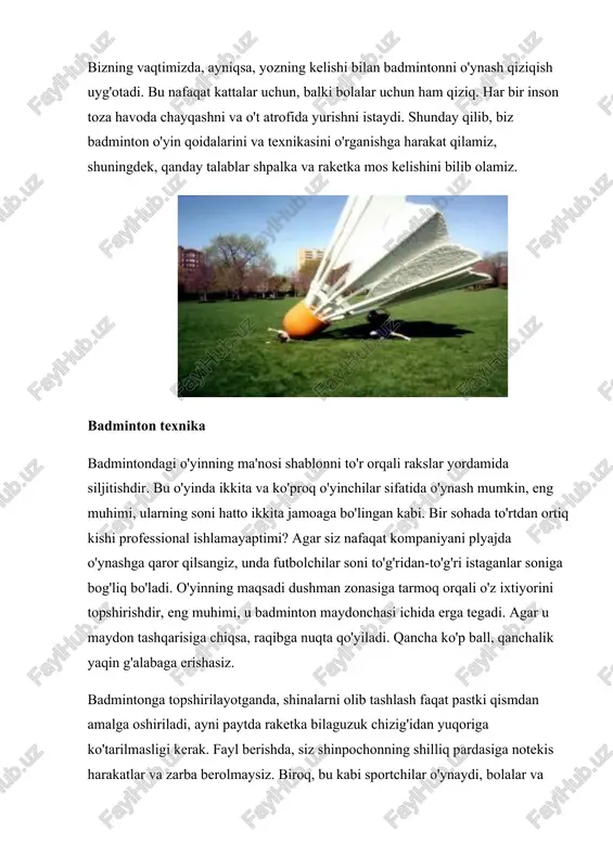 o'lganda o'yinchilarga bir daqiqa tanaffus qilish huquqi beriladi. tomonlar o'rtasida o'yinchilar ikki daqiqa davomida dam oladi. va uchinchi o'yinda, ball 11 ball bo'lganida tomonlar joylarni o'zgartiradi. badminton bolalar uchun bolalar badmintoni professionallardan juda farq qiladi. soddalashtiriladigan badminton maydonida tarmoq yo'q. buning yagona talabi - bu chivin va zarbalarsiz tekis sirt bo'lishi kerak. qoidalar ham soddalashtirildi: volancher qaysi tarafga va qanday nuqtaga tushdi. va bu juda volancherga yaqin bo'lgan kishi buni beradi. badminton "badminton" panjurlar tabiiy xom ashyolardan va sintetik materiallardan ishlab chiqariladi. biroq, qayiqning qaysi materiali ishlab chiqarilganidan qat'iy nazar, uning parvoz ko'rsatkichlari mantar to'xtatuvchisining boshidan yasalgan nozik teri qoplamlari bilan qoplangan, haqiqiy tuklar paqirida qayd etilganlarga imkon qadar yaqin bo'lishi kerak: · haqiqiy "to'g'ri" yo'lovchining boshida 16 ta tukli bo'lishi kerak; · tuklar 63-71 mm gacha bo'lgan uzunligi bo'lishi kerak; · tuklar uchlari diametri 58 dan 68 mm bo'lgan aylana hosil qiladi; · albatta, bu patlarni tashlab ketmaslik kerak; …