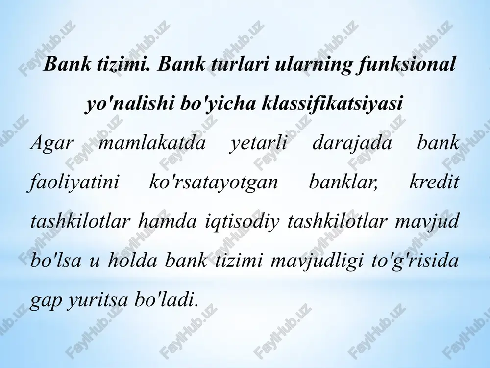 alasidir. adabiyotlar ro`yxati: o’zbekiston respublikasi moliyaviy qonunlari. - t.: 1998, 1999. o’zbekiston respublikasi vazirlar mahkamasining qarori. bank tizimini isloh qilish chora tadbirlari to’g`risida. t.: 1999 yil 15 yanvar. o’zbekiston respublikasining markaziy banki to’g`risidagi qonuni. - t.: sharq,1997. - 47 b. banklar va bank faoliyati tug`risida. uzbekiston respublikasining qonuni. t. sharq, 1997. 48b. image9.jpeg image10.jpeg image11.jpeg image12.jpeg image13.jpeg image14.jpeg image1.jpeg image2.jpeg image3.jpeg image4.jpeg image5.jpeg image6.jpeg image7.jpeg image8.jpeg 4 @aloqabank —@ ersvarronussanne a\agrobank qishlog qurilish bank * a ipoteka bank ' 4 ti fen w kapitalbank ss is =" ipak yuli bank turon : @ xalq banki bank ogbank ' ‘ m vamnoreank (2 kdb bank uzbekistan turkiston bank biznesdaishonchlhamkor asia alliance a bank eb] universalbank bank haqida umumiy tushuncha va bank tizimi kredit, hisob kitob va har xil vositachilik operatsiyalarini bajaruvchi muassasadir. muddattlilik peoeic rach uchun yaratilgan tashkilot www.arxiv.uz pul-kredit tizimi davlatning pul kredit siyosati markaziy bank j iit ' at …