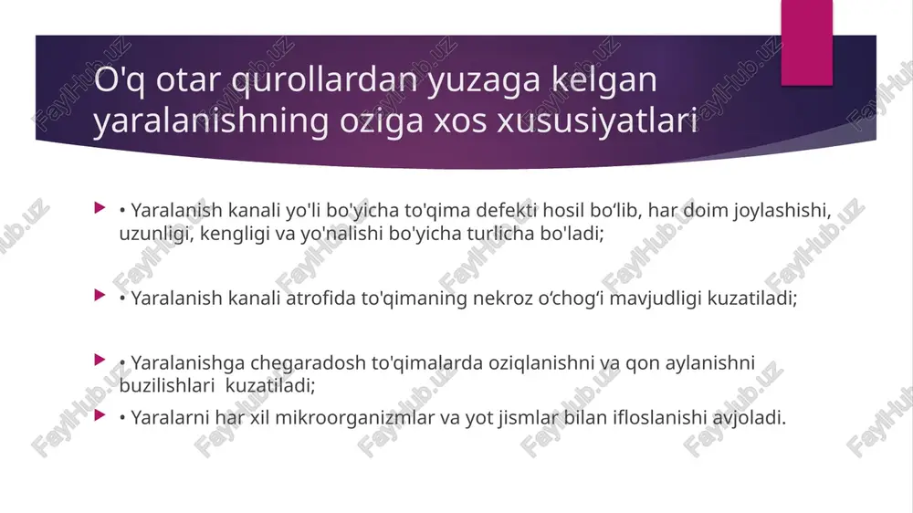 a bo’lganlarida infeksiya tarqalishidan avj oladi. jarayon qator hollarda yirik o'choqli, migratsiyalanuvchi, retsidivlanuvchi bo'lib, abssesslanishga moyillk bilan kechadi. gemostatik zotiljam mikrosirkulyatsiyaning mahalliy buzilishidan, gemostaz buzilishidan va bemorni uzoq muddat harakatsiz holatda bo'lishida o'pkaning himoya xususiyatlari pasayishidan, o'pkada ventilyatsiya buzilishidan kelib chiqadi. toksiko - septik zotiljam infeksiyani gematogen yo'l bilan kiritilishidan rivojlanib, yiringli (septiko - piyemik) metastazlanishning turlaridan biridir yaralanishli sepsis a'zolar birining shikastlanish belgilari sifatida rivojlanadi o'q otar qurollardan yaralanganlarda yurak qon- tomir tizimidagi asoratlar birlamchi jarohatlanishli o'zgarishlarga kiradi: yurak yaralanishlarining bevosita oqibatlari, uning mexanik shikastlanishlari (stenokardiya, miokard infarkti, perikardit, jarohatlanishli yurak illatlari). ikkilamchi jarohatlanishdan keyingi kasalliklar qatoriga jarohatdan keyingi ilk bor paydo bo'luvchi va u bilan patogenetik bilvosita bog'liq bo'lgan o'zgarishlar (gipertenziv sindrom, miokardiodistrofiya, funksional koronar o'zgarishlar) yallig'lanishli jarayonlar - miokardit, endokardit, perikardit va h.k.) jarohatlanishgacha bo'lgan kasalliklar - surunkali yurak kasalliklari kechishi jarohatdan so'ng o'zgarmaydi yoki qo'zg’aladi. yurakning interkurrent kasalliklariga ruhiy stress bilan bog'liq bo'lgan o’tib ketuvchi gipertenziya, …