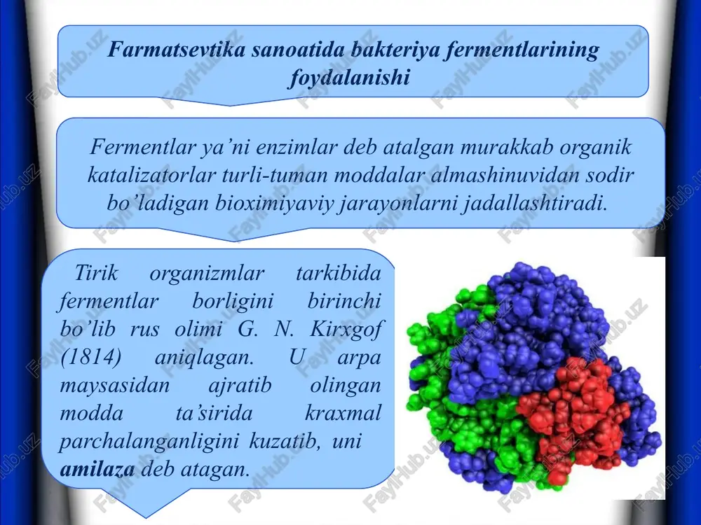 ar tanasidagi uglevodlarning umumiy miqdori quruq massasining 50% ini tashkil etadi va oziq modda bo’lishi bilan birga o’simliklar hujayrasining tuzilishida ishtirok etadi. uglevodlar uglerod, kislorod va vodoroddan tashkil topgan bo’lib, uch guruhga bo’linadi: 1. oddiy uglevodlar — monosaxaridlar. 2. oligosaxaridlar — birinchi darajali polisaxaridlar. 3. polisaxaridlar — murakkab uglevodlar. oddiy uglevodlarga 3 uglerodli triozalardan glitserin aldegid va dioksiatsetonni, 5 uglerodli pentozalardan ksiloza, arabinoza, riboza va dezoksiribozani; 6 uglerodli, ya’ni geksozalardan glyukoza, fruktoza, galaktoza, sarboza, mannozalarni misol qilib ko’rsatish mumkin. monosaxaridlar tarkibida snon, sn3on guruxlar borligidan ular suvda erish va kristallanish xususiyatiga ega. liazalar (ajratuvchi-parchalovchi fermentlar). liazalar organik birikmalar tarkibidagi ayrim guruhlarning ajralish jarayonini jadallashtiradi. ular 2 bog’li birikmalarga boshqa turli modda molekulalarining ayrim radikallarini yoki guruhlarini borlashda ishtirok etadi. a) karbon-karbonliaza birikmalardagi s02 guruhni ajratib olishda yoki qo’shishda ishtirok etadi. b) aldolaza nafas olish va bijg’ish jarayonlarida muhim o’rin egallaydi. v) fumaratgidrataza (fumaraza) olma kislotadan suv molekulalarini ajratib olib, fumarat …