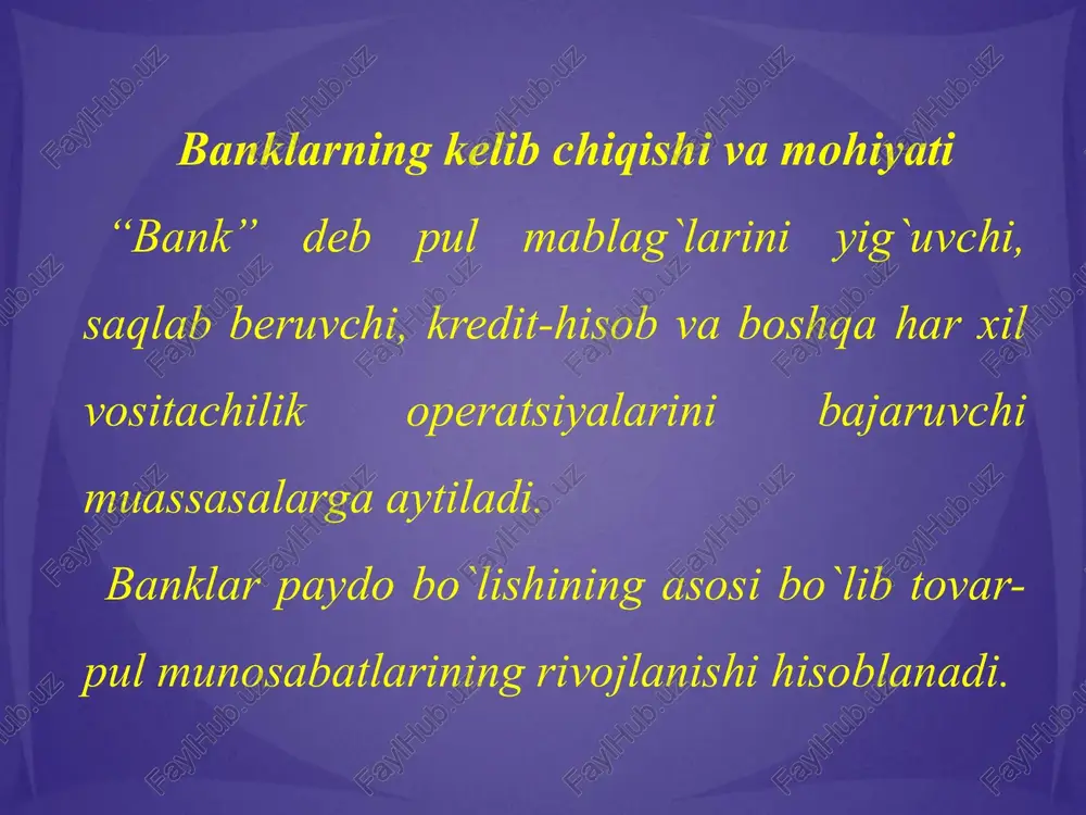 asosiy maqsadi - pul-kredit tizimi va valyuta barqarorligini ta`minlash asosida iqtisodiy o`sishga erishishdan iborat. o`zbekiston respublikasi markaziy banki 1995 yil 21 dekabrdan faoliyat ko`rsatmoqda. markaziy bank o`zbekiston respublikasi hukumatining bankiri, maslahatchisi va xazina vakili sifatida ish tutadi. markaziy bank banklarni ro`yxatga oladi va ularga bank operatsiyalarini amalga oshirish huquqini beruvchi litsenziyalar beradi. adabiyotlar ro`yxati: o’zbekiston respublikasi moliyaviy qonunlari. - t.: 1998, 1999. o’zbekiston respublikasi vazirlar mahkamasining qarori. bank tizimini islohqilish chora tadbirlari tug`risida. t.: 1999 yil 15 yanvar. o’zbekiston respublikasining markaziy banki tug`risidagi qonuni. - t.: sharq,1997. - 47 b. banklar va bank faoliyati tug`risida. uzbekiston respublikasining qonuni. t. sharq, 1997. 48b. image10.jpeg image11.jpeg image12.jpeg image13.jpeg image14.jpeg image1.jpeg image2.jpeg image3.jpeg image4.jpeg image5.jpeg image6.jpeg image7.jpeg image8.jpeg image9.jpeg bankning asosiy funksiyalari: . vadtinchalik bo'sh turgan pul mablag'larini jalb qilish, jamgrarish va shu mablag larni kapitalga aylantirish korxona, tashkilot, davlat va xususiy tadbirkorlik subyetlarini kreditlash amalga osh alik subyektlarining pul hisob kitoblarini amalga …