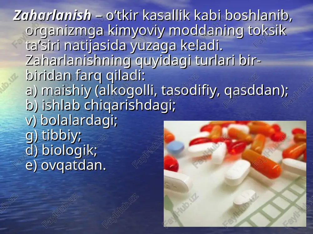 ning buzilishi quyidagi ko‘rinishda bo‘lishi mumkin: 1) aspiratsion-obturatsion shakli. bu tilning orqaga ketishi va qusiq massalari tufayli tiqilib qolishi bilan kechadi; 2) nafas o‘zgarishlarining markaziy shakli ixtiyoriy nafas olish harakatlarining yo‘qligi yoki yetishmasligi bilan kechadi; 3) o‘pka shokining rivojlanishi bilan bog‘liq – o‘pka shishi, pnevmoniya, bronxospazm bilan kechadigan o‘tkir traxeobronxit. oshqozon-ichak tizimining shikastlanishi o‘tkir gastro-enterit, qusish, ich ketishi, qorinning har xil joyida va turli intensivlikdagi og‘riqlar ko‘rinishida kechadi. jigarning shikastlanishi jigarning kattalashishi va og‘riq bo‘lishi, ko‘z sklerasi va terining sarg‘ayishi bilan kechadi. odatda qisqa vaqt ichida asabiy o‘zgarishlar ham qo‘shiladi – bezovtalik, qon ketishi, teri va shilliq qavatlarga qon quyilishi. buyraklar shikastlanganda, ko‘pincha tezda o‘tkir buyrak yetish-movchiligi rivojlanadi. uxlatuvchi moddalar bilan zaharlanish. bunda ko‘rsatiladigan birinchi yordam: jabrlanuvchi koma yoki chuqur uyquga ketgan holatda bo‘ladi. nafas vaqt-vaqti bilan, rangi oqarib ketgan yoki sianoz (ko‘karish), harorati ko‘tarilgan, keyinchalik toshma toshishi mumkin. aktivlangan ko‘mir yoki qandaydir boshqa sorbentlardan foydalanish, oshqozonni yuvish va kuchli …