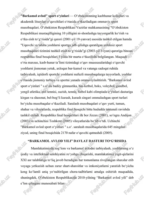 alohiyatini ro‘yobga chiqarishi, mamlakatimiz yigit-qizlarini xxi asr talablariga to‘liq javob beradigan har tomonlama rivojlangan shaxslar etib voyaga yetkazish uchun zarur shart-sharoitlar va imkoniyatlarni yaratish bo‘yicha keng ko‘lamli aniq yo‘naltirilgan chora-tadbirlarni amalga oshirish maqsadida, shuningdek, o‘zbekiston respublikasida 2010-yilning “barkamol avlod yili” deb e’lon qilingani munosabati bilan: 1. “barkamol avlod yili” davlat dasturi tasdiqlansin. unda quyidagilar asosiy vazifalar etib belgilansin: bolalar va yoshlarning huquq va manfaatlarini himoya qilishga, ularni barkamol rivojlantirishning huquqiy asoslarini mustahkamlashga qaratilgan me’yoriy-huquqiy bazani takomillashtirish, amaldagi qonunchilik hamda me’yoriy hujjatlarga zamon talablariga mos o‘zgartirish va qo‘shimchalar kiritish; “sog‘lom ona — sog‘lom bola” dasturini izchil amalga oshirish asosida sog‘lom avlodni voyaga yetkazish borasidagi chora-tadbirlarni yanada kuchaytirish, onalar va bolalarning reproduktiv salomatligini muhofaza qilish tizimini takomillashtirish, profilaktikaga asoslangan sog‘liqni saqlash tizimini ustuvor rivojlantirish, tibbiy xizmat moddiy-texnika bazasini mustahkamlash, sog‘lom bolalar tug‘ilishi va ularni tarbiyalash bilan bog‘liq masalalar yuzasidan aholi o‘rtasida tushuntirish hamda maslahat ishlarini kuchaytirish; tayyorlanayotgan mutaxassislarga real iqtisodiyot tarmoqlari va …