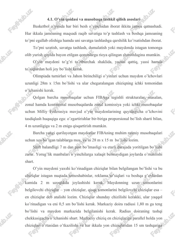 uzoqlikda joylashishi kerak. maydonning uzun tomonlarini belgilovchi chiziqlar – yon chiziqlar, qisqa tomonlarini belgilovchi chiziqlar esa – en chiziqlar deb atalishi lozim. chiziqlar shunday chizilishi kerakki, ular yaqqol ko’rinadigan va eni 0,5 sm bo’lishi kerak. markaziy doira radiusi 1,80 m ga teng bo’lishi va maydon markazida belgilanishi kerak. radius doiraning tashqi chekkasigacha o’lchanishi shart. markaziy chiziq en chiziqlariga parallel holda yon chiziqlari o’rtasidan o’tkazilishi va har ikkala yon chiziqlaridan 15 sm tashqariga chiqib turishi kerak. maydonning raqib shchiti orqasidagi en chizig’i va markaziy chiziqning yaqin chekkasi o’rtasida joylashgan qismi jamoaning old zonasi hisoblanadi. maydoning qolgan qismi, shu jumladan, markaziy chiziq ham jamoaning orqa zonasi hisoblanadi. polning maydonda ajratilgan va ikkita yoy hosil qiladigan chiziqlar bilan chegaralangan qismi o’yindan 3 ochkoli to’plarni tashlash zonalari bo’lib hisoblanadi. har bir yoy savatning mutloq markaziga to’g’ri perpendikulyar bo’lgan poldagi nuqtani markaz qilib belgilab turib, tashqi qirrasigacha 6,75 radiusli yarim doira shaklida chiziladi va parallel …