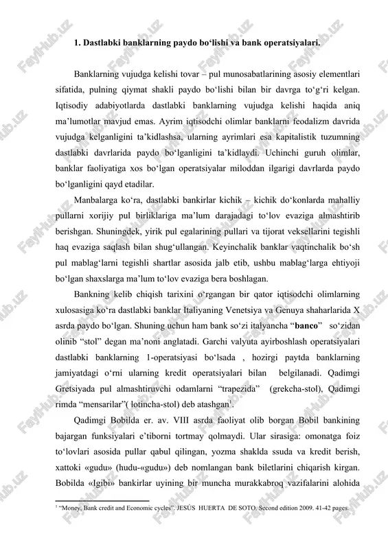 ashgan[footnoteref:1]. [1: “money, bank credit and economic cycles”. jesús huerta de soto. second edition 2009. 41-42 pages.] qadimgi bobilda er. av. viii asrda faoliyat olib borgan bobil bankining bajargan funksiyalari e’tiborni tortmay qolmaydi. ular sirasiga: omonatga foiz to‘lovlari asosida pullar qabul qilingan, yozma shaklda ssuda va kredit berish, xattoki «gudu» (hudu-«gudu») deb nomlangan bank biletlarini chiqarish kirgan. bobilda «igibi» bankirlar uyining bir muncha murakkabroq vazifalarini alohida ta’kidlab o‘tish mumkin. «igibi» banki mijozlar hisobiga vositachilik orqali savdo-sotiqda va to‘lovda ishtirok etish, pul omonatlari qabul qilingan, kredit berilgan (bunda omonatchi omonatiga foiz to‘lovlarini natural shaklda olgan, ya’ni omonatchi bankdan pul olgan shaxsning xosilini bir qismiga egalik qilish xuquqi berilgan), shartnomalarga kafil bo‘lish, turli savdo tadbirlarini moliyalashtirish, turli akt va shartnomalarni rasmiylashtirishda maslaxatchi hamda vakolatli shaxs sifatida ishtirok etganlar. qadimgi bobildagi bank tizimini xuquqiy asoslari shox xammurapi qonunlarida er.av. xvii asrda belgilab qo‘yilgan. bu qonunda sudxo‘rlik foizlarini ta’qiqlovchi qoidalar ham ko‘rsatilgan. bunga ko‘ra …