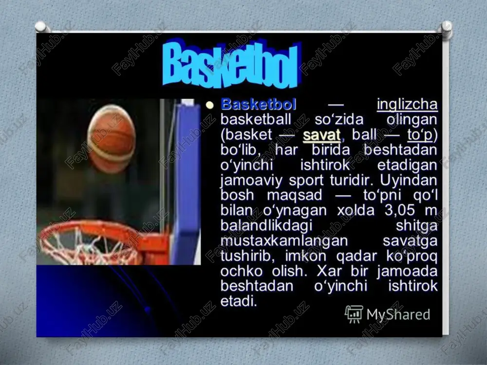 a esa_ ular shitlarga o‘rnatildi. oradan 2 yil o‘tgach, xar_ bir jamoada = 5 kishidan ~ ) praes tushadigan | i. myshared e 1893 yilda frantsiyalik mel ridu = springfild — kollejini bitirgach, vataniga qaytdi va xamyurtlarini yangi o‘yin bilan tanishtirdi. shu tariqa basketbol butun yevropaga tarqala boshladi. 1894 yilda esa bob geyli xitoyliklarni, dunkan petton esa xindlarni_ basketbol bilan tanishtirdi. -sentyabrda jeneva jismoniya tarbiya maktabi ochildi va springfild kolleji ituvchisi doktor elmer ‘i pao direktorii etib e —_ 1927 yilning >», f sf fof myyshared e ushbu maktab anpenier tufayli basketbol latviya, litva, italiya, frantsiya, chexoslavakiyada ommaviylashib ketdi. ko‘pgina mamlakatlarda basketbol assotsiatsiyalari tashkil topdi. 1932 yil 18 iyunda jenevada milliy basketbol assotsiatsiyalarining dastlabki xalqaro konferentsiyasi o'tkazildi va unda xalqaro basketbol federatsiyasi (fiba) tashkil etildi. 1999 yilga kelib fibaga a’zo davlatlar soni 180 dan oshib ketdi. 1936 yilgi berlin olimpiadasidan boshlab basketbol olimpiadalar dasturidan o’rin oldi. fe myshared tt e …