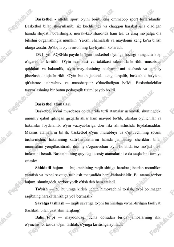 ishga yo'nal-tirilgan faoliyati (tashlash bilan uzatishni farqlang). bahs to'pi — maydondagi uchta doiradan birida jamoalarning ikki o'yinchisi o'rtasida to'pni tashlab, o'yinga kiritishga aytiladi. jarima to'pi tashlash — to'pni savatga tashlash paytida uni to'xtatib qolish maqsadida raqib tomonidan yo'l qo'yilgan xato uchun belgilanadi va u jarima tashlash chizig'idan bajariladi. o'yinga kiritish — to'p maydon tashqarisiga chiqqanda uni yana o'yinga kiritish bo'lib, yon chiziqdan uzatish bilan yoki to'p savatga tushgandan so'ng, himoyachi tomonidan yuza chizig'idan bajariladi. to'pni olib yurish — o'yinchining to'p bilan harakatlanishi, uni polga ikki qo'lda navbat bilan urib yurishi. shuningdek, to'pni olib yuruvchi driblingchi o'yinchi deb ham ataladi. basketbolda to'pni biryo'la ikki qo'llab olib yurish xato hisoblanadi. taktik sxemada olib yurish to'lqinsimon chiziqcha bilan belgilanadi. to'siq (zaslon) — raqibga, uning eng qulay pozitsiya yoki to'pni olish uchun chiqishiga imkoniyat yaratishga qarshi faoliyat. qo'shaloq to'siq — bu o'z sherigi uchun ikki o'yinchi tomonidan qo'yilgan zaslondir. himoya — raqibning shiddatli hujumiga …