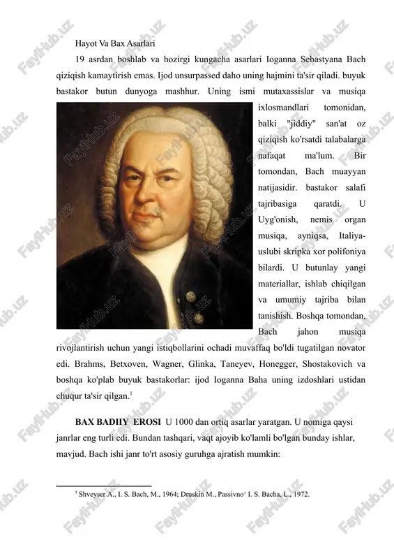 -ordrufsky bilan o'rta maktabni bitirgan va u xor kuylash boshladi lüneburg, ko'chib "saylash." viola, klavesin, organ, skripka: 17 yil davomida u turli chalish o'rgandim. 1703 yildan u turli shaharlarda yashab kelmoqda: arnstadt, weimar, mühlhausen. hayot va bu davrda bax asarlari ma'lum asoratlarni to'lgan edi. u doimo, chunki u yoki boshqa ish beruvchilarga qaram his bezovtalangan yashash joyi o'zgarmoqda. bu musiqachi (organist yoki skripkachi kabi) sifatida xizmat qilgan. uning doimiy rozi emas ish sharoitlari. bu paytda uning fortepiano va organ uchun birinchi tarkibi, shuningdek, ma'naviy kantata bor. veymar davri 1708 yildan boshlab bach weimar gertsog sud organist bo'lib xizmat boshlaydi. chapel palatasi musiqachi parallel ish. bu davrda hayot va bax asarlari juda samarali hisoblanadi. bu birinchi tuzilish ajal davomida hisoblanadi. eng yaxshi organ ishlari bor edi. ular: · c-moll, bir-moll ham kirish va fugue. · toccata c-dur. · passacaglia c-moll. · d-moll ham toccata va fugue. · "organ kitob." iogann sebastyan …