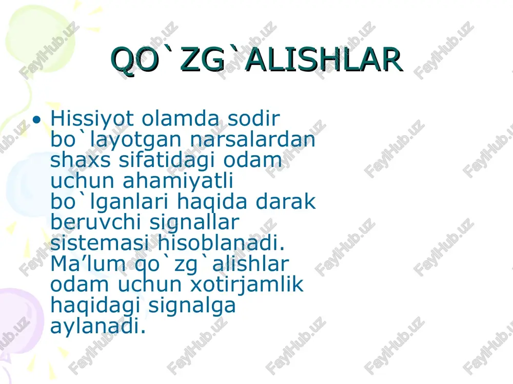ga undovchi omillardan biridir. . bunday jarayonlar simpatik va parasimpatik nerv sistemasi tomonidan boshqariladi. hissiyotlarni o`rganish uchta yo`nalishi bo`yicha amalga oshiriladi. anglanmagan holda namoyon bo`luvchi asab tizimi, endokrin, ovqat xazm qilish va boshqa tizimlardagi o`zgarishlar bilan bog`liq jarayonlarni; anglangan sezgilar bilan bog`liq jarayonlarni. yuz ifodasi, imo-ishora va hatti -harakatlarda namoyon bo`luvchi hissiyotlar yig`indisini o`rganish. hissiyotlar o`zining kuchi, davomiyligi, sifati va mazmuniga ko`ra ham farq qilishi mumkin. hissiyotlarni eksperimental yo`l bilan o`rganganda har bir kishining hissiy holatlari haqidagi nutqiy tavsiflaridan va vegetativ xususiyatlarni turli usullar yordamida yozib olishdan foydalanish mumkin. hissiy holatlarning ifodalanishi (ekspressiv tomoni)ni o`rganishning qulayligi, tarixiy xujjatlar, kinoxronika lentalari, fotosurat va boshqalardan ham foydalanish mumkin. ekspressiya deganda, insonning jismoniy va ruhiy holatlarining tashqi namoyon bo`lishi harakati-mimika, tananing ifodali harakati -poza, qo`lning ifodali harakati imo-ishora (jest) ularning barchasi umumlashtirib, pantomimika deb ataladi. insonning ruhiy holati haqida eng ko`p axborotni mimika beradi. insonning pantomimik harakatlari yosh va individual xususiyatlariga bog`liq holda …