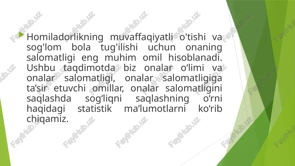 alik xususiyatlariga oid o'quv dasturlarini o'tkazish. kasalliklarning oldini olish va davolash homiladorlik davrida va tug'ruqdan keyin yuzaga kelishi mumkin bo'lgan kasalliklarning oldini olish va davolash. sanitariya sharoitlari bola tug'ilishi uchun qulay sanitariya sharoitlarini yaratish. innovatsion sog'liqni saqlash dasturlari va tibbiy yordam sifatini oshirish chora-tadbirlarini amalga oshirish homiladorlik va tug'ish davrida asoratlar xavfini sezilarli darajada kamaytiradi, shuningdek, yosh onalarning turmush darajasini oshirishga yordam beradi. 5 onalar salomatligi tashabbuslari homilador ayollar uchun yoga homilador ayollar sog'lig'ini saqlash va turli kasalliklarni davolashda shifobaxsh ta'sirini kuchaytirish uchun yoga bilan shug'ullanishlari mumkin. homilador ayollar uchun suzish suzish mushaklarning ohangini saqlashga yordam beradi, kuchlanishni engillashtiradi va stressni va ovqat hazm qilish kasalliklari xavfini kamaytiradi. homilador ayollar uchun ta'lim dasturlari homilador ayollar bola tug'ilishini ishonch bilan kutish va yangi roliga osongina moslashishga yordam beradigan tug'ish va ota-onalikka tayyorgarlik kurslariga kirishlari mumkin. ko'pgina mamlakatlarda onalar salomatligini muhofaza qilish bo'yicha turli tashabbuslar mavjud, masalan, o'quv dasturlari, ixtisoslashtirilgan markazlar, kam …