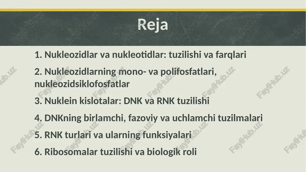 n birikib, mono-, di- yoki trifosfat shakllarini hosil qiladi: monofosfatlar: amp, gmp, cmp, ump difosfatlar: adp, gdp, cdp, udp trifosfatlar: atp, gtp, ctp, utp bu birikmalar hujayradagi energiya almashinuvida muhim rol o‘ynaydi.nukleozidlarning fosfat efirlari nukleotidlar deb ataladi. nuklein kislotaning hosil bo’lishida fosfat kislota qoldig’i riboza va dezoksiribozaning c-5’ yoki c-3’ sspirt gidroksili bilan bog’liq. nukleotid hosil bo’lishida ularning 3 ta tarkibiy qismi o’zaro n-glikozid va murakkab efir bog’lari bilan bog’langan. nukleozid — bu azotli asos (purin yoki pirimidin) va pentoza shakar (riboza yoki dezoksiriboza)dan tashkil topgan murakkab moddadir. nukleozidlar fosfor kislotasi bilan bog‘langanda nukleotid hosil bo‘ladi. nukleozidga bitta fosfat guruhi 5'-pozitsiyadagi oh-guruh orqali bog‘langanda nukleotidning monofosfat shakli hosil bo‘ladi. bu nukleozidga ikki fosfat guruhi bog‘langan shakli bo‘lib, atp sintezi va biokimyoviy reaktsiyalarda oraliq modda sifatida xizmat qiladi. uchta fosfat guruhi ketma-ket bog‘langan shakli. biokimyoda energiyaning asosiy tashuvchisi hisoblanadi. nukleozidsiklofosfatlar bu — siklik tuzilishga ega bo‘lgan nukleotidlar. ya’ni, fosfat guruhi ribozaning …
