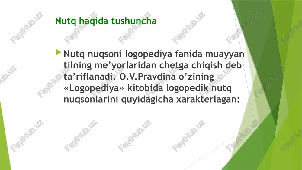 lar nerv jarayonlari o’rtasidagi muvozanatning buzilishi, analizator faoliyatidagi boshqa kamchiliklardan kelib chiqishi ham mumkin nutq analizatori qaysi bo’limining o’zgarib qolganiga qarab funktsional nutq nuqsonlari ham markaziy yoki periferik xarakterda bo’ladi. logopediya fani surdopedagogika va tiflopedagogikalar ichidan ajralib, xix asrning ikkinchi yarmida tibbiy fanlarning alohida bir oqimi bo’lib vujudga keldi. nutq nuqsonlarini asosan shifokorlar tuzatishar edi, biroq «davolash» ishlari yaxshi natija bermas edi. www.arxiv.uz nutqiy kamchiliklarning ayrim belgilari nuqson sifatida o’rganilar edi. nutq komponentlari, nutqning sistemali tuzilishi haqidagi ma’lumotlar o’sha davrlarda hali bo’lmaganligi tufayli, nutq kamchiliklarini o’rganish, aniqlash, bartaraf etish usullari ham noto’g’ri belgilangan.asosan mexanik mashqlardan foydalanilar edi. hozirgi kunda logopediya fani pedagogik va psixologik, tibbiy, lingvistik fanlar asosida, shularga tayangan holda rivojlanib bormoqda. bir qator tibbiy fanlarni chuqur o’rgangan maxsus mutaxassis pedagog (logoped) to’g’ri nutqni tarbiyalaydi. shifokor esa logoped bolaga anamnez tuzadi, uning diagnozini aniqlaydi, kerak bo’lsa dorilar bilan davolashni tavsiya etadi. logopedik amaliyotda… eshitish organlaridagi kamchiliklar psixikasiga ta’sir etgan …