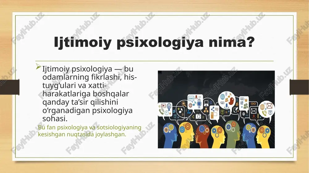 ifokor buyrug‘i asosida bemorga noqulay bo‘lsa ham dori berish. sabablari: avtoritetga ishonish jazodan qo‘rqish mas’uliyatni boshqaga yuklash mashhur tajriba: stanley milgram (1963) — odamlar boshqalarni og‘riqqa duchor qilishgacha borishi mumkinligini ko‘rsatgan (elektr toki tajribasi). ijtimoiy idrok ijtimoiy idrok nima? ijtimoiy idrok — bu odamlarning bir-birini qanday qabul qilishi, tushunishi va baholashi jarayonidir. ijtimoiy idrokning asosiy obyektlari boshqa odamlar (ularning harakati, kayfiyati, niyati) o‘zi (o‘zini anglash va baholash) odamlararo munosabatlar ijtimoiy guruhlar stereotiplar va kamsitish stereotip nima? stereotip — bu ma’lum bir odamlar guruhi haqida oldindan shakllangan, umumlashtirilgan, ko‘pincha soddalashtirilgan fikr yoki tasavvur. xususiyatlari: hamisha to‘g‘ri emas ko‘pincha tajriba yoki jamiyat ta’sirida shakllanadi shaxsni emas, balki butun guruhni baholashga olib keladi misollar: “yoshlar mas’uliyatsiz bo‘ladi” “qizlar matematikani yaxshi bilmaydi” “keksa odamlar zamonaviy texnologiyani tushunmaydi” kamsitish (diskriminatsiya) nima? kamsitish — bu odamni yoki odamlar guruhini ularning jinsi, irqi, millati, yoshi, dini, ijtimoiy holati yoki boshqa belgilariga ko‘ra noto‘g‘ri yoki adolatsiz muomala qilish. …
