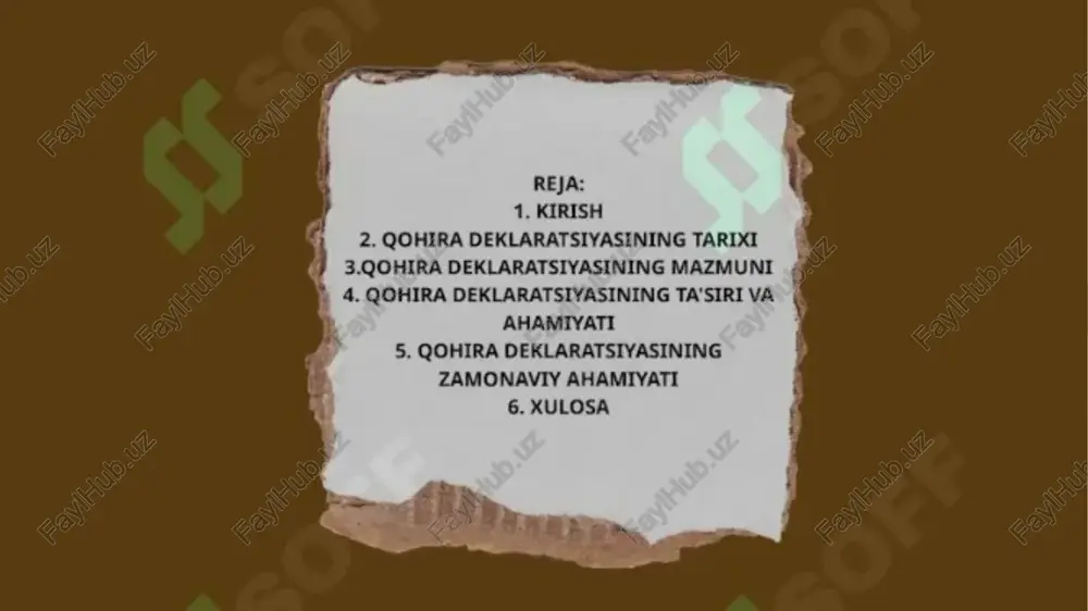 nidan qabul qilingan hujjatdir ushbu deklaratsiya falastinliklarning huquqlarini himoya qilish, isroilga qarshi kurashni kuchaytirish, arab dunyosida yagona_ siyosiy front yaratish maqsadida e'lon gilindi. deklaratsiyasining mazmuni: 1.falastin xalqining huqualarini himoya qilish:deklaratsiya falastin xalqining mustagillik, erkinlik va o’z taqdiri ustidan hukmronlik gilish huquqini tan oladi. falastin xalqining isroilga qarshi kurashni davom qohira deklaratsiyasi tarixi va mazmuni qohira deklaratsiyasi, ikkinchi jahon urushi davrida imzolangan muhim tarixiy hujat. bu taqdimot uning ahamiyati, mazmuni va ta'sirini yoritadi. tomonidan. ..