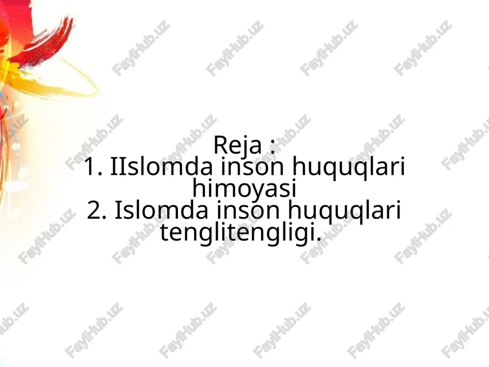 ng konstitutsiyasi oliy yuridik kuchga ega va respublikaning butun hududida qo‘llaniladi. asosiy qomusimiz 128 moddadan iborat bo‘lgani holda uning 30 dan ortiq moddalari bevosita inson huquqlari va erkinliklariga bag‘ishlangandi islomga keladigan boʼlsak, bu yerda erkinlik inson hayotning asosi hisoblanadi. islom nuqtai nazaridan shariat huquqning asosi hisoblanadi, lekin huquq shariatning asosi emas. erkinlik, musulmon olimlarining tushunishicha, insonning harakat qilish qobiliyatidir, agarda uning harakatlari oʼziga yoki boshqa odamlarga ziyon yoki zarar yetkazmasa. islom ayrim diniy marosimlarni buzganlik yoki xato boʼyicha odam oʼldirib qoʼyganlik uchun jazo sifatida qul ozod qilishni amr qilgan. musulmonlardan ular umumiy ishlar boʼyicha bir-biri bilan maslahat qilishi va kengashishi talab qilinadi. islomda din asoslari, islom arkonlari, uning qadriyatlari va chegaralari, shuningdek, umumiy manfaatlariga rioya qilish shartlarida soʼz va fikr erkinligi cheklanmagan. e'tiboringiz uchun rahmat image1.jpeg image2.jpeg image3.jpeg image4.jpeg image5.jpeg