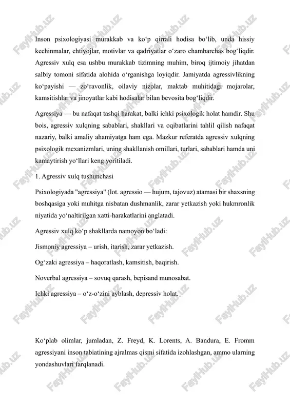 a yo‘naltirilsa, depressiya yoki o‘zini jazolash shaklida namoyon bo‘ladi. k. lorents esa agressiyani tabiiy evolyutsion kuch sifatida ko‘radi. unga ko‘ra, agressiya — hayvonlar va odamlar hayotini himoya qilish, hududni saqlash, resurslarni nazorat qilish mexanizmi sifatida shakllangan. 2.2. ijtimoiy o‘rganish nazariyasi a. bandura o‘zining mashhur “bobo doll” tajribasida shuni isbotladiki, bolalar agressiv xatti-harakatni kuzatish orqali o‘rganadi. ya’ni, agar bola kattalarning tajovuzkor harakatlarini ko‘rsa, ularni takrorlash ehtimoli yuqori bo‘ladi. demak, agressiya — bu o‘rganilgan xulqdir. 2.3. frustratsiya–agressiya nazariyasi dollard va millerlar ilgari surgan bu nazariyaga ko‘ra, agressiya har qanday to‘sqinlik (frustratsiya) natijasida paydo bo‘ladi. inson o‘z maqsadiga erisha olmasa, ichki norozilik tajovuz orqali chiqadi. 3. agressiv xulqning sabablari agressivlikning sabablari murakkab, ko‘p omilli va o‘zaro ta’sirli. asosiy omillar quyidagilar: 3.1. biologik omillar nerv tizimi va gormonlar (ayniqsa, testosteron) faoliyati. miya po‘stlog‘idagi disbalanslar, jarohatlar. genetik moyillik. 3.2. ijtimoiy omillar oiladagi zo‘ravonlik, nizolar. maktab muhitida kamsitish, bepisandlik. mahalla, ommaviy axborot vositalarida agressivlikni targ‘ib qilish. …