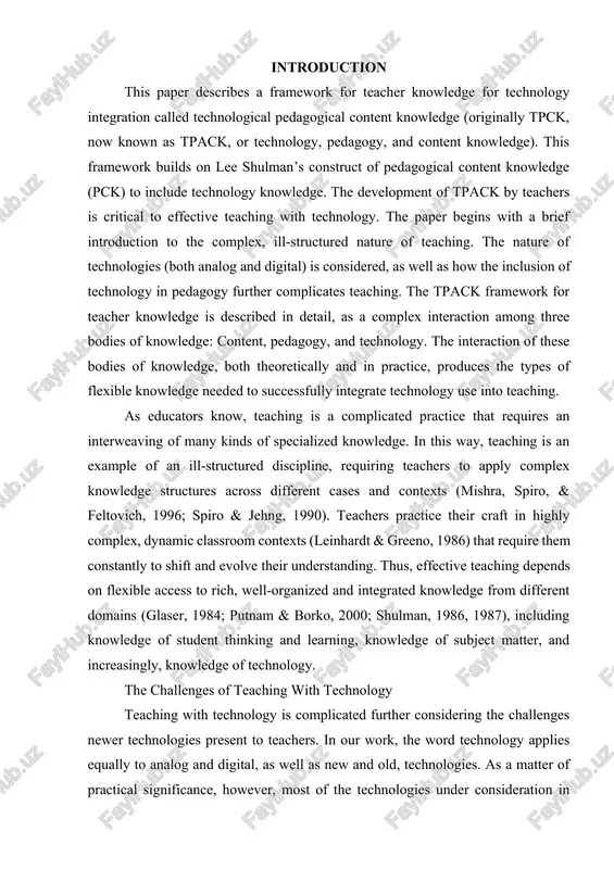 nt thinking and learning, knowledge of subject matter, and increasingly, knowledge of technology. the challenges of teaching with technology teaching with technology is complicated further considering the challenges newer technologies present to teachers. in our work, the word technology applies equally to analog and digital, as well as new and old, technologies. as a matter of practical significance, however, most of the technologies under consideration in current literature are newer and digital and have some inherent properties that make applying them in straightforward ways difficult. most traditional pedagogical technologies are characterized by specificity (a pencil is for writing, while a microscope is for viewing small objects); stability (pencils, pendulums, and chalkboards have not changed a great deal over time); and transparency of function (the inner workings of the pencil or the pendulum are simple and directly related to their function) (simon, 1969). over time, these technologies achieve a transparency of …