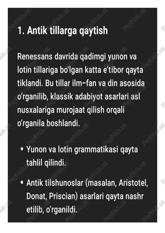 rim merosiga bo‘lgan qiziqish ortib, ilm-fan, san’at va adabiyotda katta yutuglar yuz bergani kabi tilshunoslikda ham muhim o'zgarishlar sodir bo‘lgan. quyida yevropa uyg’onish davridagi tilshunoslikning asosiy jihatlarini batafsil ko'rib chiqamiz: 1. antik tillarga qaytish renessans davrida qadimgi yunon va lotin tillariga bo‘lgan katta e’tibor qayta tiklandi. bu tillar ilm-fan va din asosida o'rganilib, klassik adabiyot asarlari asl nusxalariga murojaat qilish orqali o'rganila boshlandi. ¢ yunon va lotin grammatikasi qayta tahlil qilindi. ¢ antik tilshunoslar (masalan, aristotel, donat, priscian) asarlari qayta nashr etilib, o'rganildi. 2. milliy tillarning rivoji avvalgi o’rta asrlarda lotin tili diniy va ilmiy soha tili bo‘lsa, renessans davrida milliy tillarning mavgei ortdi. tilshunoslar va yozuvchilar milliy tillarni yozuvga, ilm-fanga va adabiyotga olib kirishga harakat gildilar. ¢ dante aligyerining "ilohiy komediya" asari italyan tilida yozilgani bunga misoldir. ¢ martin lyuter bibliyani nemis tiliga tarjima qilib, tilshunoslik tarixida inqilob yasadi. ¢ uilyam shekspir ingliz tilini san’at tiliga aylantirdi. 3. bosmaxonaning …