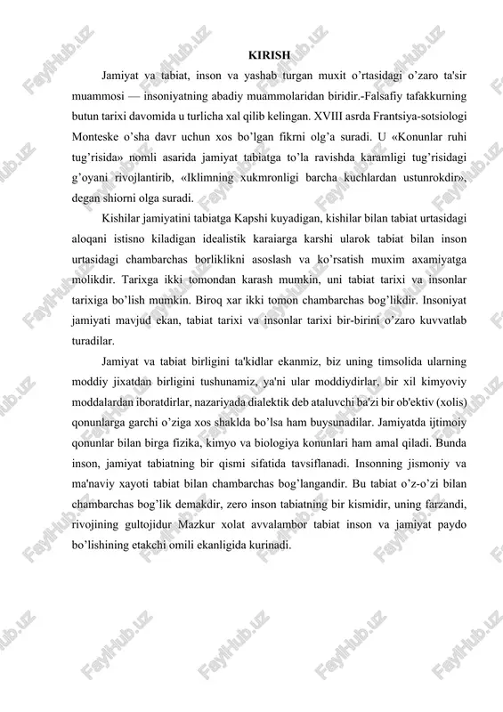 niyat tabiatga tyubora ko’p o’z ta'sirini ko’rsatadi, inson fakat har xil o’simlik va xayvonot turlari o’rnini o’zgartiribgina qolmay, binobarin ularni shu darajada o’zgartirdiki, uning faoliyati natijalari er shari umumiy o’limga maxkum bulgandagina u bilan birga yo’k bo’lib ketishi mumkin. shunday qilib, inson nafakat tabiatni o’rganib oladi, balki o’zini o’rab turgan dunyoni o’zgartiradi, «ijod» qiladi xam, birok landshaft (tabiat manzarasi)ni g’oyat o’zgartirib yuborgan va koinotgacha chiqa olgan insoniyat xech kachon tabiatdan uzilib ketolmaydi, u xamma vakt uning bagrida yashaydi. insonning ijodiy imkoniyatlari, uning tabiatni bilish va uzgartirish kobiliyatlariga kelganda, ular chek-chegarasizdir. moddiy ishlab chikarish jarayonida odamlar urtasida vujudga keladigan munosabatlarsiz ishlab chikarishning uzi xam, inson xayoti moddiy sharoitlari xam bulmaydi, demakki, jamiyat xam bulmaydi. jamiyat bu odamlarning birgalikdagi xarakati, uzaro ta'sirining maxsulidir, bu odamlarning ijtimoiy munosabatla-ridagi insonning uzidir. insonning mexnat faoliyati uning tabiatga bulgan munosabati asosida yotadi. inson tabiatga ta'sir kursatar ekan, u mexnat vositalari yordamida tabiiy muxitni uz muxtojliklari va …
