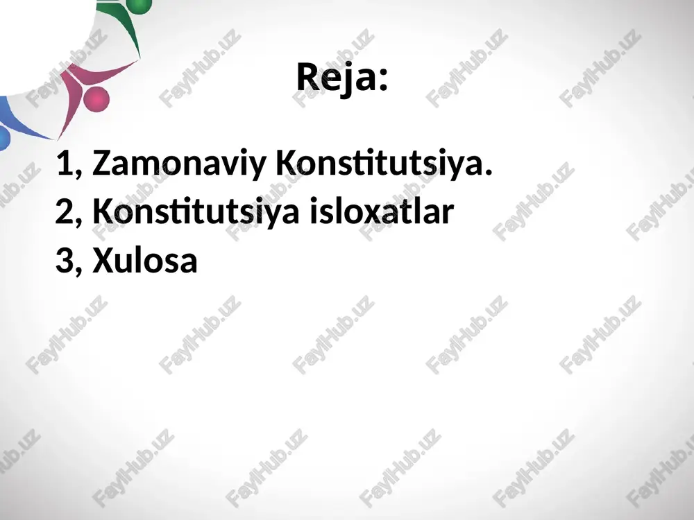 itutsiyaviy davlatda qonun ustunligi prinsipining mantiqiy davomi sifatida yana ikki prinsip: birinchi prinsip fuqarolarning harakatlanish erkinligi va imkoniyatlarini kengaytiradi. qonunda man etilmagan, taqiqlanmagan har qanday xatti-harakatlarni sodir etish mumkin bo‘ladi va buning uchun yuridik javobgarlik kelib chiqmaydi. ikkinchi prinsipning ma’nosi shundaki, bunda davlat idoralari va mansabdor shaxslar o‘zlarining qonunda belgilangan vakolatlari doirasida, ularga aynan mos ravishda harakatlanishlari lozim bo‘ladi. konstitutsiyaviy davlatda hokimiyatning tashkil etilishi va faoliyat yuritishi konstitutsiyada mustahkamlab qo‘yiladi. xulosa konstitutsiyada nazarda tutilmagan hokimiyat organlarini tashkil etish mumkin emas. konstitutsiyaviy davlat, eng avvalo, davlatning huquq bilan uzviy bog‘liqligidir. foydalanilgan adabiyotlar 1. o’zbekiston resblikasi konstitutsiyasi. 2. x. odilqoriyev, r. qayumov va boshqalar “o’zbekiston resblikasi konstitutsiyasini o’rganish” kursi o’quv qo’llanmasi: (o’rta maxsus, kasb-hunar ta’limi muassasalari uchun). – t.; sharq, 2009. x. odilqoriyev, r. qayumov va boshqalar “o’zbekiston resblikasi konstitutsiyasini o’rganish” kursi o’quv qo’llanmasi: (o’rta maxsus, kasb-hunar ta’limi muassasalari uchun). – t.; sharq, 2009. mavzuni o’qib mazmuni so’zlab berish qo’shimcha ma’lumotlar topish, …