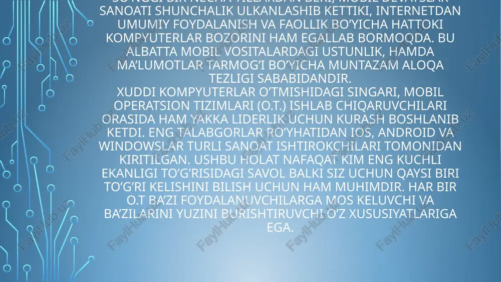alik google tizim rivojlanishi bilan shugʻullanadigan open handset alliance (oha) ittifoqini tuzdi. android yordamida java dasturlarni tuzish mumkin. android native development kit sida va boshqa tillarda yoziladigan dasturlarni yaratadi. 2012-yilning 3-choragida sotilgan smartfonlarning 75 %ida android operatsion tizimi oʻrnatilgan edi. 2005-yilning iyulida google korporatsiyasi android inc. kompaniyasini sotib oldi. 2007-yilning 5-noyabrida google open handset alliance (oha) tuzilganligini eʼlon qilib, birinchi ochiq mobil android tizimini namoyish etdi. 2008-yilning 23-sentabrida operatsion tizimning birinchi versiyasini namoyish etdi. birinchi versiya chiqqanidan soʻng tizim bir necha marta yangilandi. bu yangilashlar tizimda aniqlangan xatolarni tuzatib, yangi funksiyalar qoʻshdi. 2009-yilda platformaning toʻrtta updatelari (yangilashlari) chiqdi. shunday qilib, fevralda turli xatolarni tuzatadigan 1.1 versiyasi chiqdi. aprel va sentabrda mos ravishda 1.5 „cupcake“ va 1.6 „donut“ updatelari chiqdi. „cupcake“ versiyasi bir qancha oʻzgartirishlar kiritdi: virtual klaviatura, video yozish va tomosha qilish, brauzer va boshqalar. „donut“da birinchi marta cdma tizimlarini qoʻllash paydo boʻldi. 2009-yilning oktabrida bir nechta google akkauntlarini, html5 …