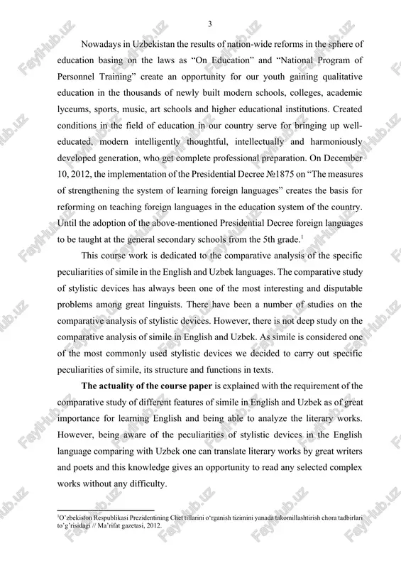 uzbek languages. the comparative study of stylistic devices has always been one of the most interesting and disputable problems among great linguists. there have been a number of studies on the comparative analysis of stylistic devices. however, there is not deep study on the comparative analysis of simile in english and uzbek. as simile is considered one of the most commonly used stylistic devices we decided to carry out specific peculiarities of simile, its structure and functions in texts. the actuality of the course paper is explained with the requirement of the comparative study of different features of simile in english and uzbek as of great importance for learning english and being able to analyze the literary works. however, being aware of the peculiarities of stylistic devices in the english language comparing with uzbek one can translate literary works by great writers and poets and this knowledge gives an opportunity …