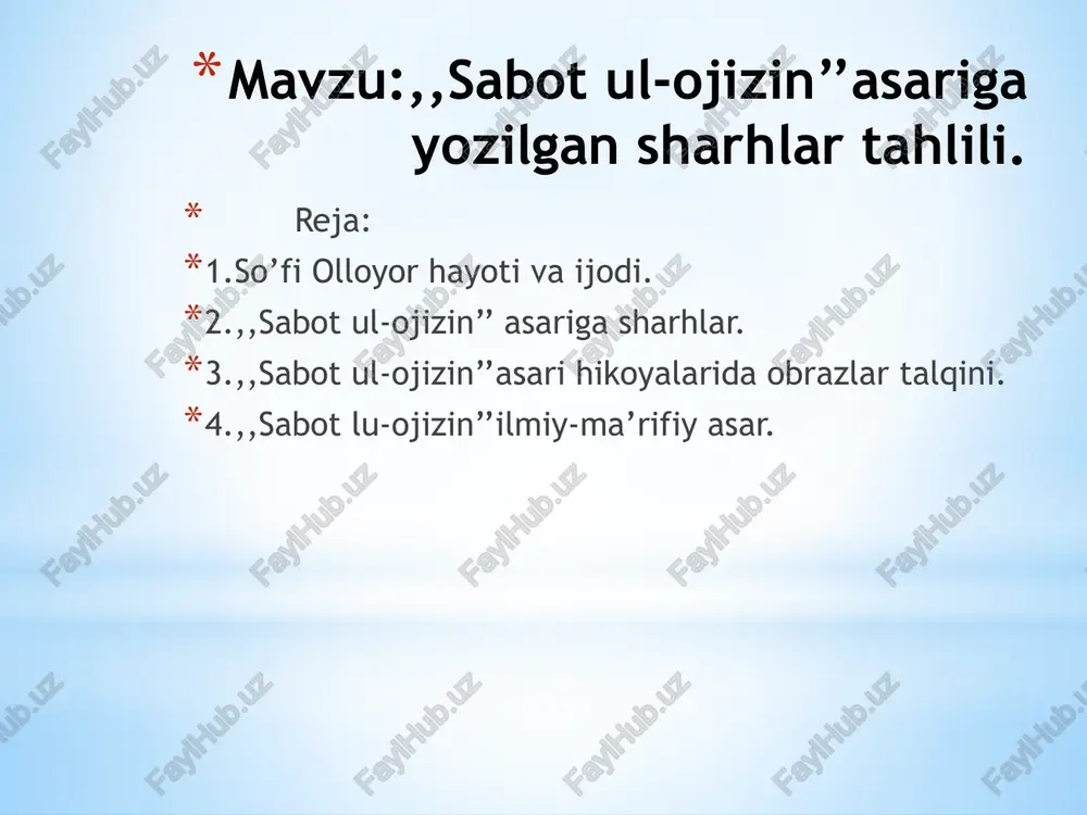 heʼrlari ham mavjud. "mevalar munozarasi" nomli manzuma ham unga nisbat beriladi. turkiy va forsiy tillarida ijod qilgan soʻfi olloyor ijodining asosiy yoʻnalishi islom maʼrifatini keng xalq orasiga yoyish va tasavvufning insoniy kamolot bilan bogʻliq gʻoyalarini targʻibtashviq qilishdan iborat. u "maslak ulmuttaqin" ("taqvodorlar maslagi"), "murod ulorifin" ("oriflar murodi"), "maxzan ulmuteʼin" ("itoatkorlar xazinasi") asarlarini forsiy, "sabot ul-ojizin" ("ojizlar saboti"), "favz unnajot" ("najot tantanasi") masnaviylarini turkiy tilda yaratgan. forsiy va turkiyda bitilgan boshqa sheʼrlari ham mavjud. "mevalar munozarasi" nomli manzuma ham unga nisbat beriladi. hijriy 1221/1806-yili yozilgan “risolayi aziza” asari “sabotul ojizin”ga yozilgan sharhlarning eng qadimiysidir. matnshunoslik ilmida manbaning qadimiyligi matnning ishonchlilik darajasini belgilashda muhim omil sanaladi. sharhning yozilish yili bilan so‘fi olloyorning vafot sanasi oralig‘i 82 yilni tashkil qiladi. matn tarixiga nisbatan olinsa, bu unchalik uzoq muddat emas. demak, “sabotul ojizin”ning tili, undagi ifoda va bayon yo‘llari, muallifning tushuncha va qarashlari zamon nuqtai nazaridan shorihga ancha yaqin. sharh ilmi qoidasiga ko‘ra, manbaning …