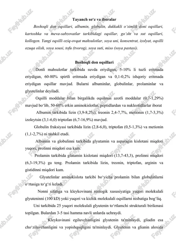 eykavinani egiluvchanligini glyutenin ta'minlaydi, gliadin esa cho‘ziluvchanligini va yopishqoqligini ta'minlaydi. glyutenin va glianin aloxida kleykovinaga reologik xususiyatni bermaydi. lekin bu fraksiyalar birgalikda kleykovina oqsilini tashkil etadi. kleykovinani sifatiga oqsilsiz birikmalarni ham ta'sirini nazarda tutish kerak. bularga lipidlar, uglevodlar kiradi va ular hosil qiladigan lipoprotein va glikoprotein komplekslari kleykovinani strukturasiga va xususiyatiga katta ta'sir etadi. dukkakli o‘simlik doni oqsillari. dukkakli o‘simlik doni oqsillari ham yuqoridagidek sinflanadi. dukkakli o‘simlik donida oqsillarni umumiy miqdori massasiga nisbatan 20-40% ni tashkil etadi. tuzli eritmadagi oqsil ekstrakti tarkibida globulinlarni ammoniy sulfat tuzi bilan cho‘ktirish natijasida 2 ta asosiy globulin komponentlari - vitsilin va legumin ajratilgan. ularni sedimentatsiya konstantasi 7s va 11s tashkil etadi. ikkala oqsil to‘rtlamchi strukturaga ega. 11s oqsilini dissatsiyalanishi quyidagicha ketadi: 11s → 2x7s → 6x3 s → 12x2s ularning molekulyar massasi 31-33 va 84 kd tashkil etadi dukkakli o‘simliklar ichida soya urug‘i qimmatli oqsil manbai sifatida muhim ahamiyatga ega. soya urug‘i asosida soya …