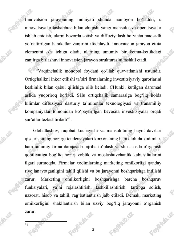 ularni egallash, rivojlantirish va qayta ishlash. 2. bilimlarni taqsimlash: malakani oshirish, kommunikatsiyalarni boshqarish, bilimlarning besamar ketishiga qarshi choralar. 3. bilimlardan foydalanish: o‘quv va innovatsiya muhitini yaratish, xodimlarni boshqarish, sifatni boshqarish, rekursiv ta’lim. d. stounxaus bilimlarni boshqarishning quyidagi tuzilmasini taklif etadi : bilimlar generatsiyasi (yakka tartibda va tashkiliy o‘qitish); bilimlarni ifodalash (tamoyillar, qoidalar va rasm-rusumlar ishlab chiqish); bilimlarni saqlab qolish (bilimlarni taqsimlashga yo‘l qo‘yadigan bilim manbalarining maqbul turini aniqlab olish); bilimlar diffuziyasi (bilimlarni tashkilot doirasida va undan tashqarida cheklangan variantda taqsimlash); bilimlarni muvofiqlashtirish va nazorat qilish (tashkiliy bilimlar aniq va doimiy qo‘llanishini ta’minlash). e.s. slesarev jarayonning to‘rt bosqichdan iborat modelini ko‘rib chiqadi3 : bilimlarni olish va internallashtirish, bilimlarni tarqatish, bilimlar evolyusiyasi, bilimlarni tatbiq etish. g.a. arxangelskiy bilimlarni boshqarish jarayonini ta’minlovchi axborot texnologiyalariga diqqat qaratar ekan, bu jarayonning doimiy davrda bo‘luvchi ikkita asosiy elementini taklif qiladi : bilimlar to‘plash va ulardan foydalanish; shakliy ifodalarni (ontologiyalar) doimiy takomillashtirish. ikkinchi element shu munosabat bilan …