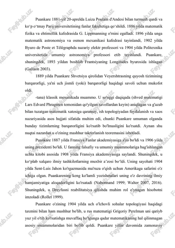 'yicha masalani yechish ishini taqdim etdi. u birinchi marta evklid bo'lmagan geometriyadan foydalangan, uni zamondoshlarining aksariyati faqat spekulyativ deb bilishgan. puankare 1881-yil 20-aprelda luiza poulain d'andesi bilan turmush qurdi va ko‘p o‘tmay parij universitetining fanlar fakultetiga qo‘shildi. 1886 yilda matematik fizika va ehtimollik kafedrasida g. lippmanning o'rnini egalladi. 1896 yilda unga matematik astronomiya va osmon mexanikasi kafedrasi tayinlandi, 1902 yilda byuro de poste et télégraphda nazariy elektr professori va 1904 yilda politexnika universitetida umumiy astronomiya professori etib tayinlandi. puankare, shuningdek, 1893 yildan boshlab frantsiyaning longitudes byurosida ishlagan (galison 2003). 1889 yilda puankare shvetsiya qirolidan veyershtrasning quyosh tizimining barqarorligi, ya'ni uch jismli (yoki) barqarorligi haqidagi savoli uchun mukofot oldi. -tana) klassik mexanikada muammo. u so'nggi daqiqada (shved matematigi lars edvard phragmen tomonidan qo'yilgan savollardan keyin) aniqlagan va g'azab bilan tuzatgan matematik xatosiga qaramay, ish topologiyadan foydalanish va xaos nazariyasida asos hujjati sifatida muhim edi, chunki puankare umuman olganda bunday tizimlarning barqarorligini …