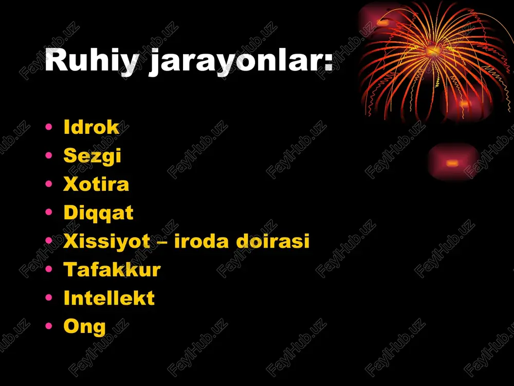 14 5 22 12 17 21 17 6 23 25 23 1 16 19 11 7 4 20 8 3 10 24 13 18 13 24 3 18 7 22 21 14 10 15 tafakkur – voqealikni analiz va sintez qilish, uni bil vosita va umumlashtirib aks ettirishdan iborat jarayon. tafakkur turlari: ko’rgazmali xarakat ko’rgazmali obraz mavhum tafakkur shakillari: tushuncha xukm xulosa tafakkur jarayonlari: analiz sintez taqqoslash umumlashtirish konkretizatsiya abstraksiya tafakkurnipsixologik tekshirish usullari: piktogramma (luriya metodi) – tekshiriluvchiga konkret va abstrakt mazmundagi tushunchalar beriladi, tekshiriluvchi so’z ishlatmagan holda rasimlardan bu tushunchalarni ifoda etishi lozim. masalan: qalb bayram jasorat vatan cheksizlik ayriliq xordiq sayoxat azob kashfiyot yorug’lik rohatlanish cheksizlik