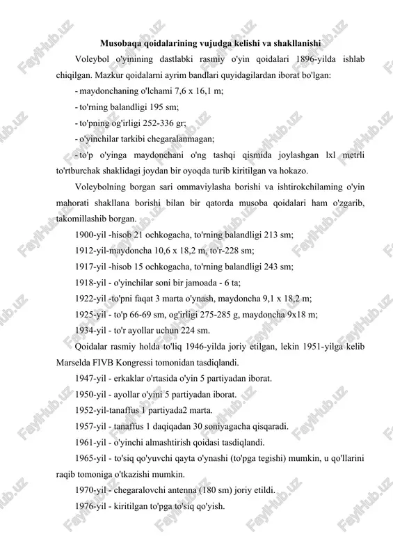 l etuvchi partiya taybreyk tarzida, ochkolar soni 2 ta farq bo'lguncha davom etadi. 1992-yil - to'p tanani tizzadan yuqori barcha joyiga tegishi mumkin. 1998-yil - to'p tanani barcha joyiga tegishi mumkin; hisob 25 gacha, 5 partiyada 15 gacha; har partiyada hisob 8 va 16 bo'lganda 2 ta bir daqiqadan texnik tanaffus beriladi; jamoalar 2 martadan 30 sek. tanaffus olishlari mumkin; to'p kiritish 9 metr oralig'ida ijro etilishi mumkin; «libera» o'yinchisi joriy etildi. 2008-yil - to'pni rangi o'zgartirildi (sariq-ko'k); to'r oldida joylashgan o'yinchilar to'rni pastki qismiga tegishi mumkin. zamonaviy voleybol musobaqaning qoidalari haqida qisqacha ma'lumotlar: · maydoncha 9 xl8 m, chiziqlar kengligi 5 sm; · o'yin maydonini chegaralovchi antennalarning balandligi 180 sm; o'yinchilarning yoshi va jinsiga qarab to'rning balandligi quyidagicha bo'ladi: qizlar 13-14 15-16 2 m 10 sm 1 2 m 20 sm ayollar 17-18 va bundan katta yoshdagilar uchun 2 m 24 sm o'g'il bolalar 13-14 15-16 2 m 20 …