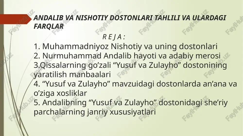 undan keyingi yillarda ham nishotiy va uning adabiy merosi haqida qator ilmiy manbalarda, darslik kitoblarida so’z yuritildi. nishotiy asarlarining nashrlari bo’yicha ham bir qancha yutuqlar qo’lga kiritildi. ijodkorning “tanlangan asarlar”i 1960-yilda toshkentda chop etildi. shuningdek, uning lirik she’rlari hamda «husn-u dil» dostoni 1967-yilda filologiya fanlari doktori xolid rasulov tomonidan nashr qilindi. adibning “qushlar munozarasi” “guliston” jurnalida e’lon etildi (1970-yil, 1-son). biz tadqiqotga tortgan andalibning “yusuf va zulayho” qissasi qadimiy syujetga ega asarlardan hisoblanadi. dastlab qissa sura sifatida qur’oni karimda mavjud bo’lgan paytlardan boshlab chahoryorlar, sahobalar, muhaddislar, mufassirlar, mutasavvuflar va qissaxon roviylar tavrot, injil va folklor namunalaridan foydalanib syujetni to’ldirish, mukammallashtirishga kirishganlar va bunda fantaziyaga ham keng o’rin berilgan. undagi har bir voqea xilma-xil shakl va yo’nalishlarda izohlangan. keyingi asarlarda arab, fors-tojik va turkiy adabiyotlarda yuzaga kelgan «qisasul-anbiyo»larda ana shu izohlardan foydalanishgan. yusuf va zulayho sarguzashtlarining g’oyat xalqchil, ommabop va hayotiy bo’lishida xviii asrda yashab ijod etgan va o’zbek hamda turkman …