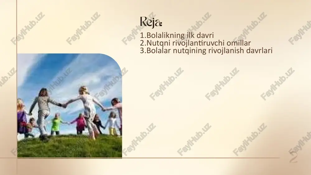 ir ko‘rsatadi. 2. ijtimoiy muhit – bola bog‘cha, mahalla, do‘stlari va boshqa ijtimoiy muhitlarda turli odamlar bilan muloqot qiladi. bu muloqot nutq boyligining ortishiga olib keladi. 3. pedagogik yondashuv – tarbiyachilar va o‘qituvchilarning bolaning yoshi, qiziqishi va ehtiyojlariga mos tarzda nutq rivojlantirish faoliyatlarini olib borishi muhim. 4. kitob va ertaklar – bolaga yoshiga mos ertaklar o‘qib berish yoki birga o‘qish uning so‘z boyligini oshiradi, tasavvurini kengaytiradi 5. multimedia vositalari – multfilmlar, audio ertaklar, interaktiv o‘yinlar nutq rivojiga ijobiy yoki salbiy ta’sir ko‘rsatishi mumkin. to‘g‘ri tanlangan materiallar nutqni boyitadi. 6. psixologik holat – bola o‘zini erkin, xotirjam va qulay his qilgan muhitda nutqi yaxshi rivojlanadi. 7. sog‘lik holati – eshitish, ko‘rish yoki miya faoliyati bilan bog'liq bo'lgan harakatlarda muammolar ham bola nutqining rivojlanishida buzilishlarga sabab bo'ladi. 5 7 ijtimoiy-emotsional oʻsish va rivojlanish bolalar qorongʻulikdan va yirtqich hayvonlardan qoʻrqishadi, taxminan uch yoshga toʻlganlarida ular oʻgʻil yoki qiz ekanliklarini payqashadi va shunday harakat …
