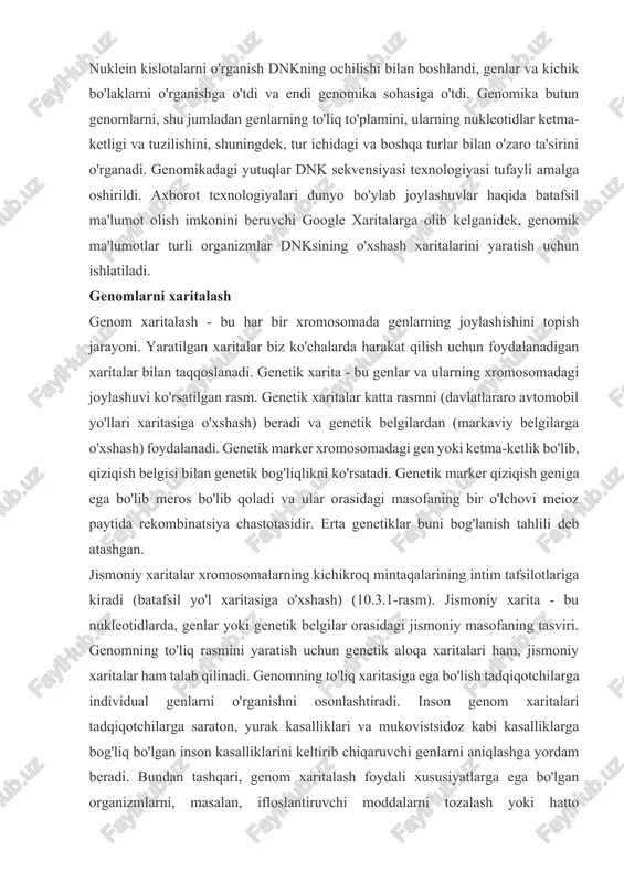 moniy masofaning tasviri. genomning to'liq rasmini yaratish uchun genetik aloqa xaritalari ham, jismoniy xaritalar ham talab qilinadi. genomning to'liq xaritasiga ega bo'lish tadqiqotchilarga individual genlarni o'rganishni osonlashtiradi. inson genom xaritalari tadqiqotchilarga saraton, yurak kasalliklari va mukovistsidoz kabi kasalliklarga bog'liq bo'lgan inson kasalliklarini keltirib chiqaruvchi genlarni aniqlashga yordam beradi. bundan tashqari, genom xaritalash foydali xususiyatlarga ega bo'lgan organizmlarni, masalan, ifloslantiruvchi moddalarni tozalash yoki hatto ifloslanishning oldini olish qobiliyatiga ega mikroblarni aniqlashga yordam berish uchun ishlatilishi mumkin. o'simliklar genomini xaritalash bilan bog'liq tadqiqotlar yuqori hosildorlik yoki iqlim o'zgarishiga yaxshiroq moslashadigan o'simliklarni rivojlantirish usullariga olib kelishi mumkin. genetik xaritalar konturni, jismoniy xaritalar esa tafsilotlarni beradi. katta rasmni ko'rsatish uchun genom xaritalash usullarining ikkala turi nima uchun muhimligini tushunish oson. har bir texnikadan olingan ma'lumotlar genomni o'rganish uchun birgalikda ishlatiladi. genomik xaritalash tadqiqot uchun ishlatiladigan turli model organizmlar bilan qo'llaniladi. genom xaritalash hali ham davom etayotgan jarayon bo'lib, yanada ilg'or texnikalar ishlab chiqilgani sayin, …