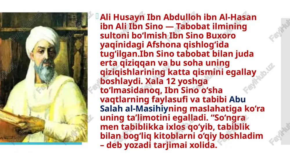 a ray va hamadonda yashagan vaqtida yozgan (1015—1024). „tib qonunlari“ oʻz davridagi tabobatning mufassal ensiklopediyasi boʻlib, unda inson sogʻligi va kasalliklariga oid boʻlgan barcha masalalar mantiqiy tartibda toʻla bayon etilgan. shifo kitobi arab tilida yozilgan ensiklopedik ishi “shifo kitobi” («kitab al-shifa») mantiq, fizika, biologiya, psixologiya, geometriya, arifmetika, musiqa, astronomiya va metafizikaga bag‘ishlangan. “donishmadlik kitobi” («danish-name») ham ensiklopediya sanaladi. merosi “dori vositalari” («al-adviyat al kalbiya») — xamadonga birinchi borishi vaqtida yozgan. mazkur asarda pnevma hosil bo‘lganda va namoyon bo‘lganda yurak faoliyati, xususan, yurak kasalligi va davosi haqida batafsil yoritib berilgan meditsina asarlari yevropada tib qonunlari asari xii asrda lotion tiliga tarjima qilinib , 1500-yildan 1674- yilgacha 60 marta ketma ket nashe qilingan va bir necha asrlar davomida shifokorlarning dastur ul amal qóllanmasi bólib kelgan.1608 – yili venetsiyada kitobning bezatilgan nodir nashri chop etilgan abu ali ibn sinoning ta`lim va tarbiya haqidagi fikrlari. ibn sino pedagogika masalalariga ijobiy qaradi. olimning bolani tarbiyalash …