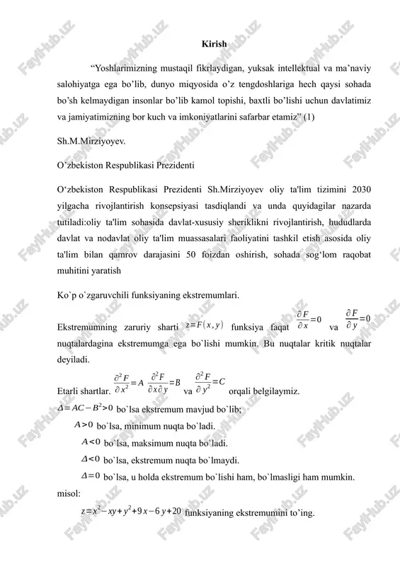 qonunga x1, x2, …, xn o`zgaruv-chilarning v nuqtalar to`plamida berilgan funksiyasi deyiladi. n ta o`z-garuvchilarning funksiyasi y = f (m) yoki y = f (x1; x2; …; xn) ko`ri-nishda yoziladi. f (m) haqiqiy son u funksiyaning m nuqtada erishadigan qiymatini anglatadi. xususan, agar v є r1 bo`lib, v to`plam r1={x} haqiqiy sonlar to`p-lamining qism osti to`plamidan iborat bo`lsa, v to`plamda bir o`zga-ruvchili y = f (x) funksiya berilgan deyiladi. misollar: 1) f (x) = lnx – v = {x є r1 | x>0} to`plamda berilgan bir x o`zgaruvchili funksiya. xususan, f (e) = lne = 1. 2) \ o ( 0 ; 0 ) to`plamda berilgan ikki x 1 va x 2 o`zgaruvchili funksiya. m(- 1; 2) nuqtada f (-1; 2) = 0,2. 3) to`plamda berilgan uch x1, x2 va x3 o`zgaruvchili funksiya. m(1; -1; 1) nuqtada f (1; -1; 1) = 2. y = f (m) = f (x1; …