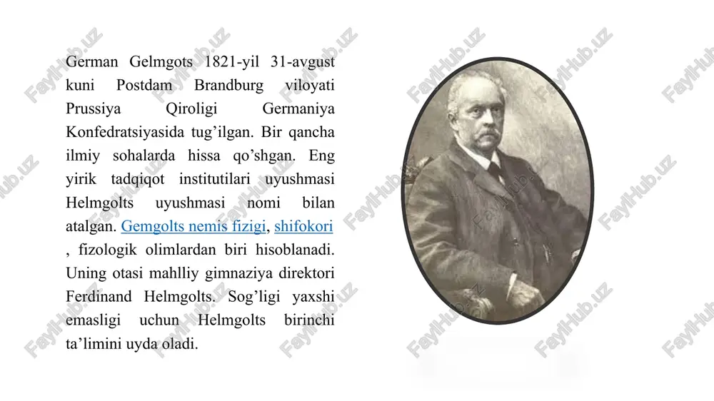 tayinlandi. uning tarjima qilingan asrlari uning tarjima qilingan asrlari shu kabi asarlari har xil tillarda tarjima qilingan. optika sig’imi chegaralari to’g’risidagi musiqa nazariyasi fiziologik asosi sifatida ohang hissiyotlari haqidagi ilmiy mavzu bo’yicha mashhur ma’ruzalari gelmgolts turli fanlarga hissa qo’shgan. bir qator tadqiqot ishlaridan misol keltirsak bo’ladi. 3 gelmgolts turli fanlarga hissa qo’shgan. bir qator tadqiqot ishlaridan misol keltirsak bo’ladi. sensor fiziologiyasi gelmgolts insonning ko’rish va eshtish qobilyatini ilmiy o’rganishda kashfiyot edi. psixofizikada ilhomlanib u o’lchanadigan jismoniy stimullar va ularning tegishli inson idroki o’rtasidagi munosabati qiziqadi. gelmgolts ‘’ psixofizika qonunlari’’ni ishlab chiqishni maqsad qilgan holda jismoniy energiya fizika va uni qadrlash psixologiya o’rtasidagi bog’liqlik bo’yicha ekspermental tadqiqotlarga yo’l ochdi. gelmgolts nissiy fiziologiya ekspermental psixologiya asoschilarida biri hisoblangan gelmgolts shogirdi vilgelm vundning ishiga asos bo’ldi. vund gelmgolts ko’ra aniqroq, tarzda o’z tadqiqotlarni emprik falsafaning biri shakli va ongni alohida narsa sifatida o’rganish sifatida ta’rifladi. gelmgolts o’zining naturfilosofiyani erta rad etishda matralizm muhimligini …