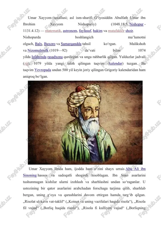 ors nasrining nodir namunasi hisoblangan „navroʻznoma“ asarida navroʻzning kelib chiqish tarixi, sharq xalqlarining bu bayram bilan bogʻliq anʼana va marosimlari keng yoritilgan, koʻplab hikoyat va rivoyatlar keltirilgan. umar xayyomga uning ruboiylari jahonshumul shuhrat keltirgan. ularda shoir dunyo, odam haqida, hayot mazmuni haqida fikr yuritadi. ruboiylarida u materiyaning bir holatdan ikkinchi holatga oʻtishi, eskining yemirilib, yangining paydo boʻlishini (kulol, koʻza, tuproq haqidagi ruboiylar va h.k.) ifodalaydi. umuman, ishq va hayot, inson tafakkurining qudrati, umrning maʼnosi, insoniy fazilat va qusurlar, maʼrifat va jaholat kabi mavzular shoir ruboiylarining asosini tashkil etadi. tez-tez uchrab turadigan may obrazi esa ilohiy muhabbat, hayot lazzatlarini ulugʻlash vositasidir. firdavsiy masnaviyni, hofiz gʻazalni qanchalik takomilga yetkazgan boʻlsalar, xayyom ham ruboiyni shunchalik yuksak mavqega koʻtardi. xayyom ruboiylari dunyoning deyarli barcha asosiy tillariga tarjima qilingan. bu ruboiylar oʻzidan keyingi sharq adabiyotiga kuchli taʼsir koʻrsatgan. xix asrdan gʻarbda ham mashhur boʻlgan. aynan u tufayli ruboiy jahon soʻz sanʼatining mashhur janrlaridan biriga aylangan. …