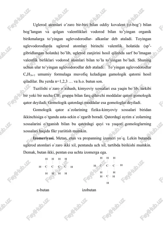 cha tuzilganligi bilan farq qiladi. bunday izomeriya struktura izomeriya yoki uglerod skeletining izomeriyasi deyiladi. uglevodorod molekulasidagi uglerod atomlarining soni oshib borishi bilan izomerlarning soni ham juda tez ortib boradi. alkanlarning molekulasidagi har bir uglerod atomi o`zi bilan bevosita bog`langan boshqa uglerod atomlarining soniga qarab birlamchi, ikkilamchi, uchlamchi va to`rtlamchi uglerod atomlariga bo`linadi. agar uglerod atomlari o`zidan boshqa faqat bitta uglerlod atomi bilan bog`langan bo`lsa ikkilamchi, uchta uglerod atomi bilan bog`langan bo`lsa uchlamchi va to`rtta uglerod atomi bilan bog`langan bo`lsa, to`rtlamchi uglerod atomi deyiladi. xuddi shuningdek, vodorod atomlari ham (nechta uglerod atomi bog`langanliga qarab) birlamchi, ikkilamchi va uchlamchi vodorod atomlariga bo`linadi. quyidagi uglevodorodlarda birlamchi uglerod atomlari c1, ikkilamchilari c2, uchlamchilari c3, to`rtlamchilari c4 birlamchi uglerod h1 ikkilamchilari h2 va uchlamchilari h3 belgilar bilan ifodalanadi. nomenklaturasi. organik birikmalarning tuzilish formulalariga qarab nomlash va aksincha, nomiga qarab tuzilish formulalarini tuzish imkoniyatini bera oladigan nomenklaturagina to`g`ri va ilmiy nomenklatura bo`la oladi. organik kimyo rivojlanishining …