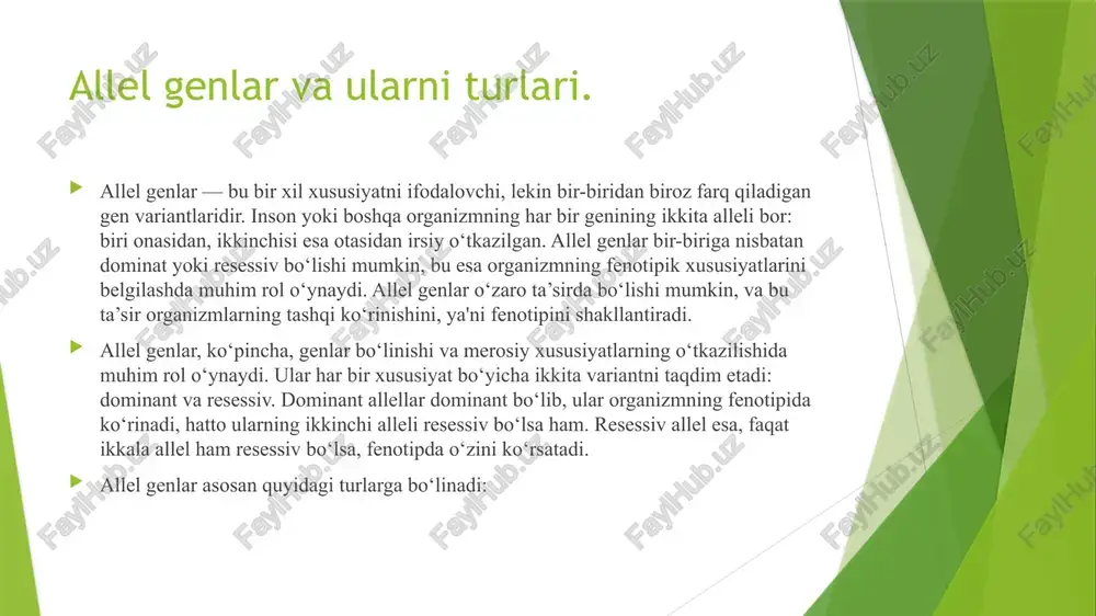bir xil kuchga ega bo‘lib, ular bir-birini to‘ldiradi va ikkala xususiyat ham ko‘rinadi. masalan, insonlarning qon guruhlari: a va b allellari kodominant bo‘lib, ab qon guruhini hosil qiladi. 3. intermediar meros (o‘rta meros) intermediar meros — bu ikki allelning o‘zaro ta’siri natijasida fenotipda ularning o‘rtacha ifodalanishi yuzaga keladi. bu holatda, ikkita variant ham to‘liq dominat bo‘lmaydi, shuning uchun ularning o‘rtacha holati ko‘rinadi. masalan, qizil va oq gullarning ifodalanishida, ularning o‘rtacha xususiyatini ifodalovchi pushti gullar hosil bo‘lishi mumkin. 4. poligenik meros poligenik meros — bu bir nechta genlarning birgalikda fenotipik xususiyatlarni belgilashi holatidir. bu tipda bir nechta genlarning kombinatsiyasi organizmning fenotipiga ta’sir qiladi. poligenik meros ko‘plab inson xususiyatlarini, masalan, bo‘y, terining rangi va ko‘zlar rangini belgilaydi. 5. epistaz epistaz — bu bir allelning boshqa bir allelni to‘liq yoki qisman ta’sir qilishidir. bunda bitta gen (epistatik gen) boshqa genning ifodasini to‘xtatishi yoki kuchaytirishi mumkin. masalan, ba'zi hollarda qora rangli turli o‘simliklarda, agar …