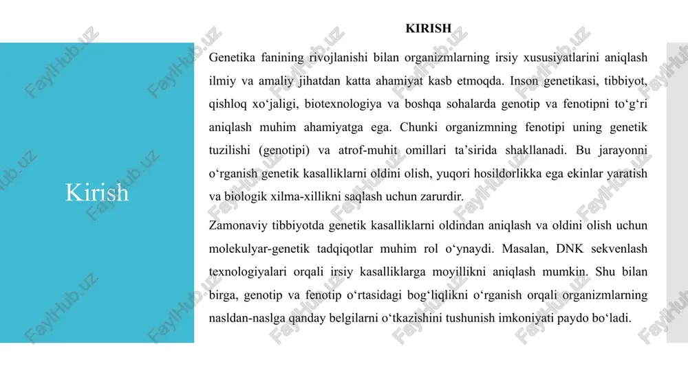 o‘tadi va irsiy xususiyatlarni belgilaydi. genotip va fenotip tushunchalari fenotip esa organizmning tashqi ko‘rinishi, morfologik va fiziologik belgilar majmuasi bo‘lib, genotip va atrof-muhit omillarining natijasi sifatida shakllanadi. masalan, insonning bo‘yi, soch rangi, ko‘z rangi, qondagi oqsil tarkibi va hatto xulq-atvori ham fenotipga kiradi. shuni ta’kidlash kerakki, bir xil genotipga ega bo‘lgan organizmlar turli xil fenotipga ega bo‘lishi mumkin, chunki atrof-muhit sharoitlari fenotip shakllanishiga katta ta’sir ko‘rsatadi. genotip va fenotip o‘rtasidagi asosiy farq shundaki, genotip irsiy jihatdan doimiy va avlodlarga o‘tuvchi xususiyatlarga ega bo‘lsa, fenotip organizm hayoti davomida o‘zgarishi mumkin. masalan, egizaklar bir xil genotipga ega bo‘lsa ham, turli sharoitlarda ulg‘aysa, ularning fenotipi bir-biridan farqlanadi. bu esa shuni ko‘rsatadiki, fenotipni shakllantirishda genetik omillar bilan bir qatorda ekologik omillar ham muhim rol o‘ynaydi. genotip va fenotip tushunchalari fenotip va genotip o‘rtasidagi bog‘liqlikni tushunish tibbiyot, qishloq xo‘jaligi, biotexnologiya va ekologiya sohalarida muhim ahamiyatga ega. masalan, ayrim irsiy kasalliklar organizmning genotipida yashiringan bo‘lib, fenotipda …