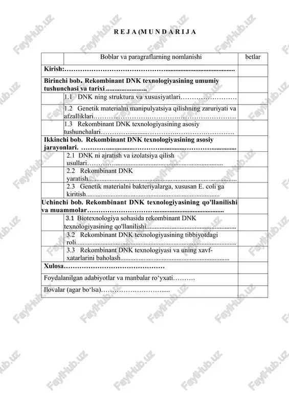 k (rdnk) texnologiyasi — bu genetik materialni sun'iy ravishda manipulyatsiya qilishni ta'minlovchi zamonaviy biotexnologik jarayon bo'lib, uning yordamida yangi dnk molekulalarini yaratish va ularni boshqa organizmlarga kiritish mumkin. ushbu texnologiya biologiya, tibbiyot, farmatsevtika, agrar sanoat va boshqa ko'plab sohalarda keng qo'llanilmoqda. rekombinant dnk texnologiyasi xx asrning 70-yillarida vujudga kelgan bo'lib, bu sohadagi yirik yutuqlar ilm-fan va texnologiyalarning yangi ufqlarini ochdi. bunda dnk molekulalarining tarkibini o'zgartirish, yangi genlarni o'z ichiga olgan rekombinant molekulalarni yaratish va ularni organizmlarga kiritish orqali yangi xususiyatlar paydo bo'lishi mumkin. rekombinant dnk texnologiyasining rivojlanishi va qo'llanilishi ko'plab ilmiy va amaliy yutuqlarga olib keldi. masalan, bu texnologiya yordamida insulinni ishlab chiqarish, genetik kasalliklarni davolash, yangi vaksinalar yaratish kabi bir qator muhim tibbiy va farmatsevtik yutuqlar amalga oshirildi. shu bilan birga, rekombinant dnk texnologiyasi o'simliklar va hayvonlarning genetik modifikatsiyasiga imkon yaratib, qishloq xo'jaligida yuqori hosildorlik va qarshilikka ega bo'lgan organizmlar yaratish imkoniyatlarini taqdim etdi. rekombinant dnk texnologiyasining asosiy printsipi, …